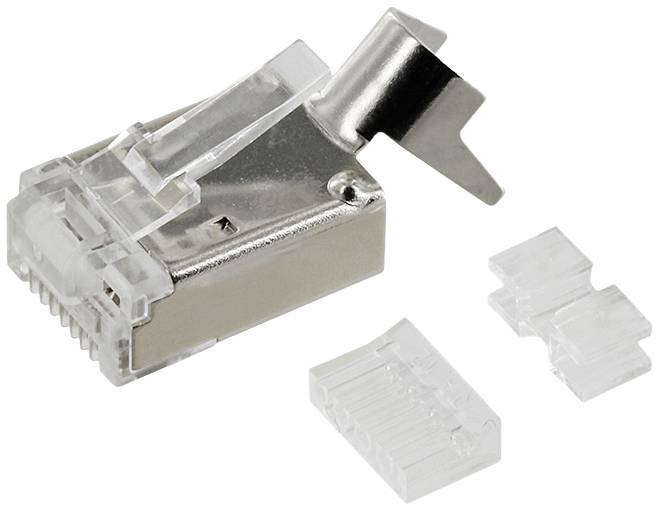 Ein unmontierter RJ45-Stecker mit Metallgehäuse, geeignet für Netzwerkverkabelung. Zwei durchsichtige Kappen zur Kabelbefestigung liegen daneben.