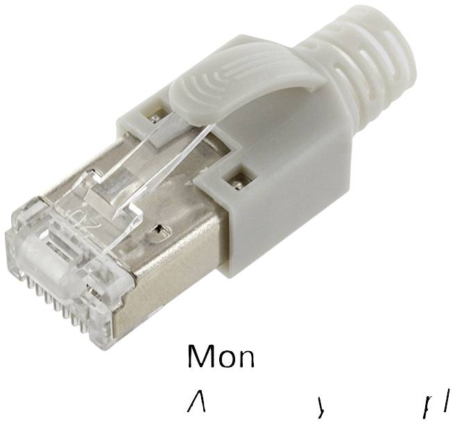 Ein silberner RJ45-Stecker mit grauer Knickschutztülle, dargestellt auf weißem Hintergrund. Darunter sind unleserliche Zeichen zu sehen.