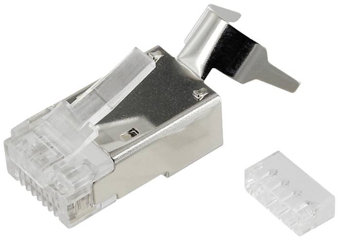 Abgeschirmter RJ45-Stecker mit Kabelklemme für Ethernet-Verbindungen, auf weißem Hintergrund abgebildet.