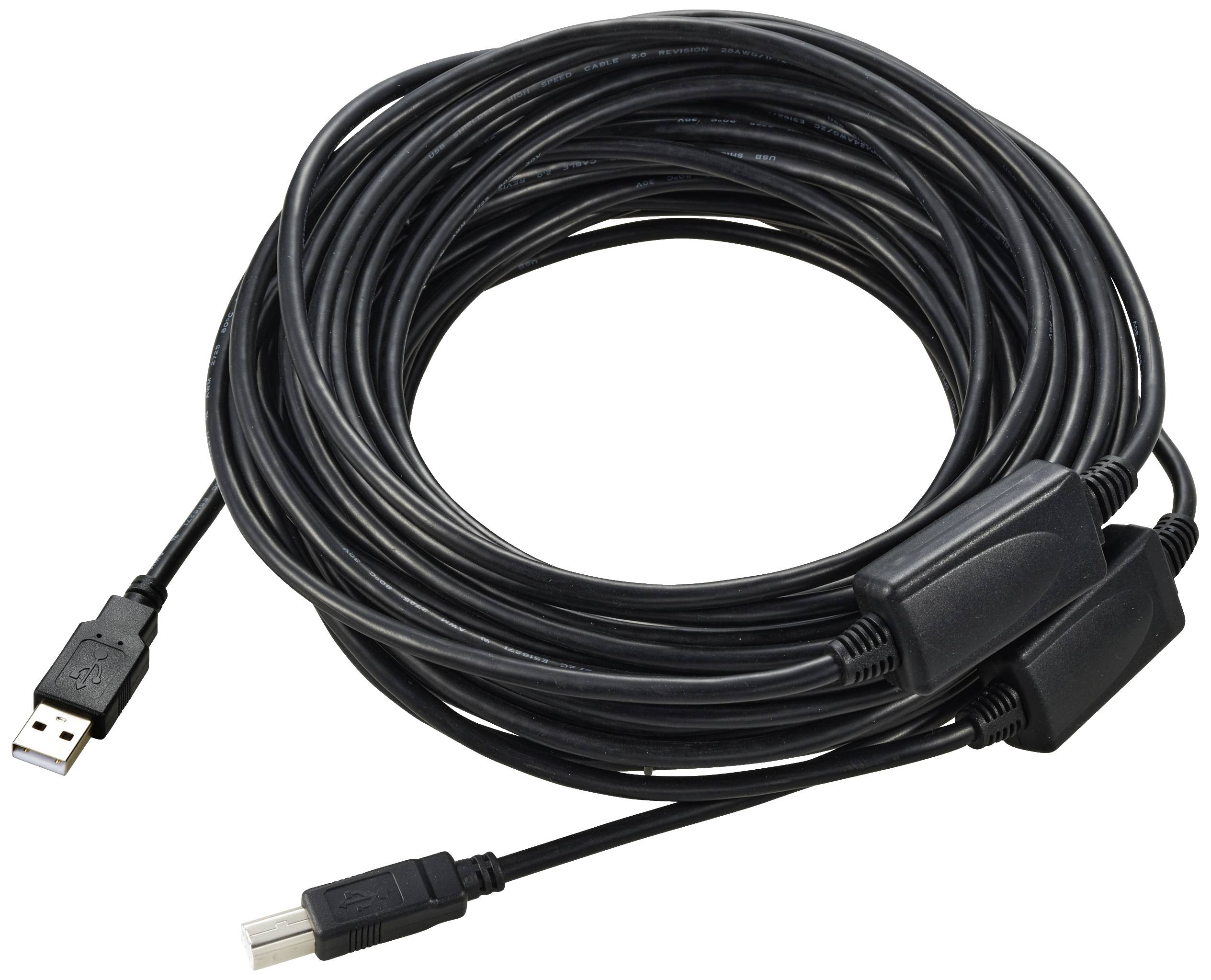 Ein langes, aufgerolltes schwarzes USB-Kabel mit zwei unterschiedlichen Steckertypen an den Enden auf einem weißen Hintergrund.