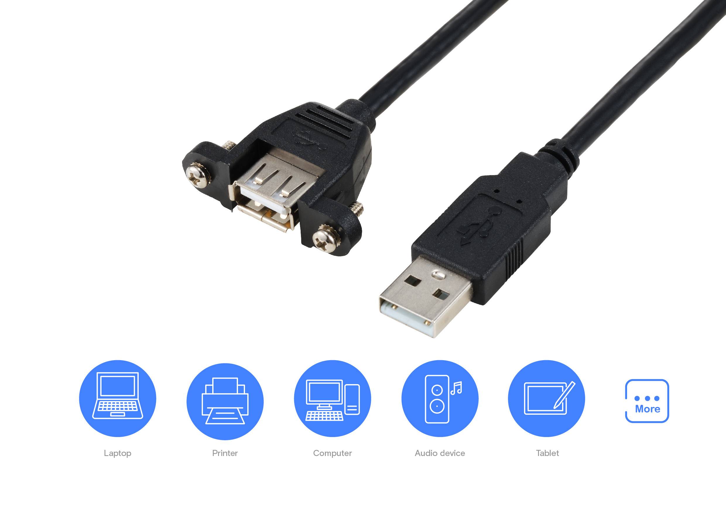 'USB-Verlängerungskabel': Schwarzes USB-Kabel mit USB-A-Stecker und USB-Buchse. Darunter Symbole für Laptop, Drucker, Computer, Audiogerät, Tablet.