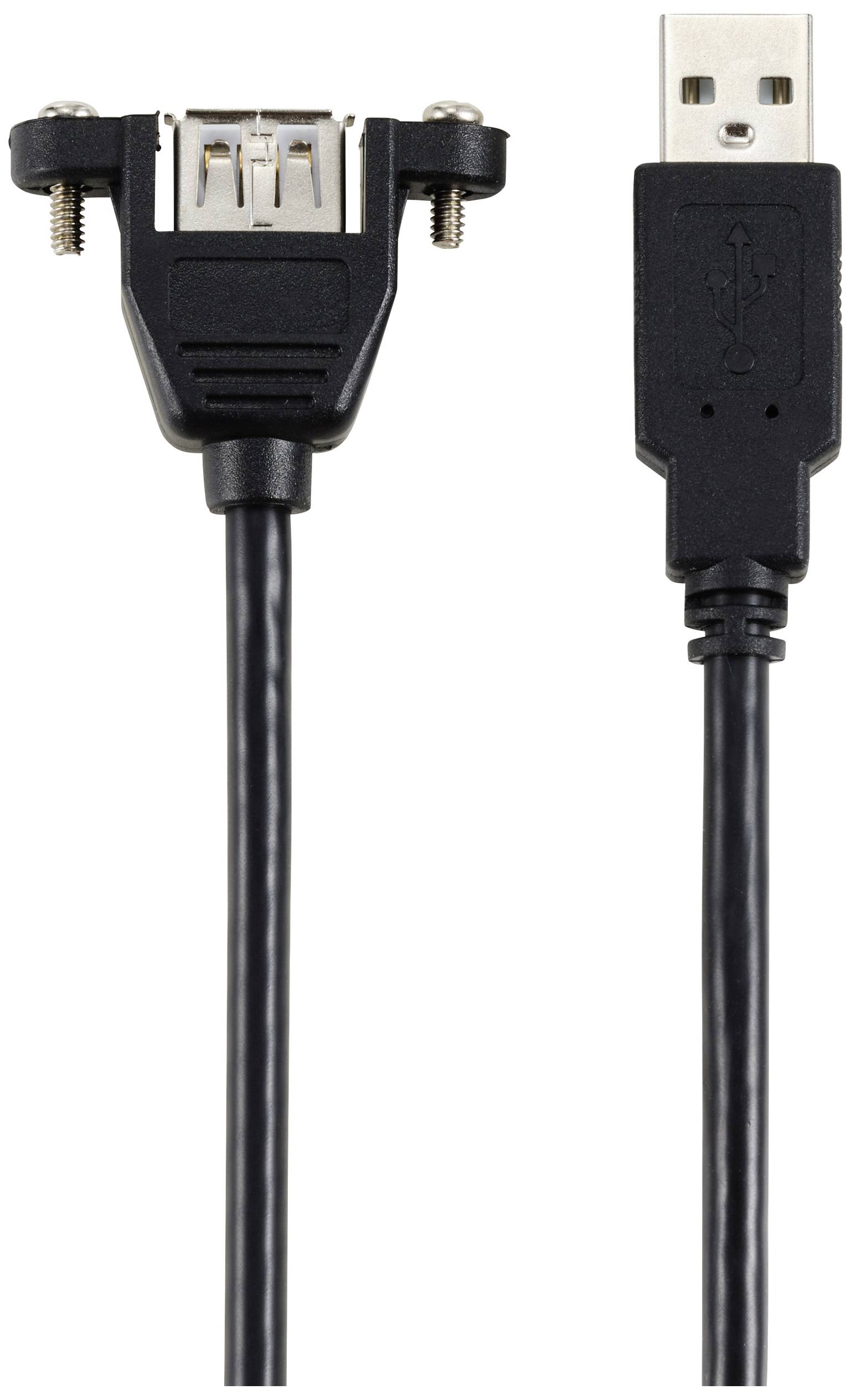 Ein USB-Verlängerungskabel mit einem USB-Stecker auf der einen und einem USB-Buchse mit Schraubbefestigungen auf der anderen Seite.