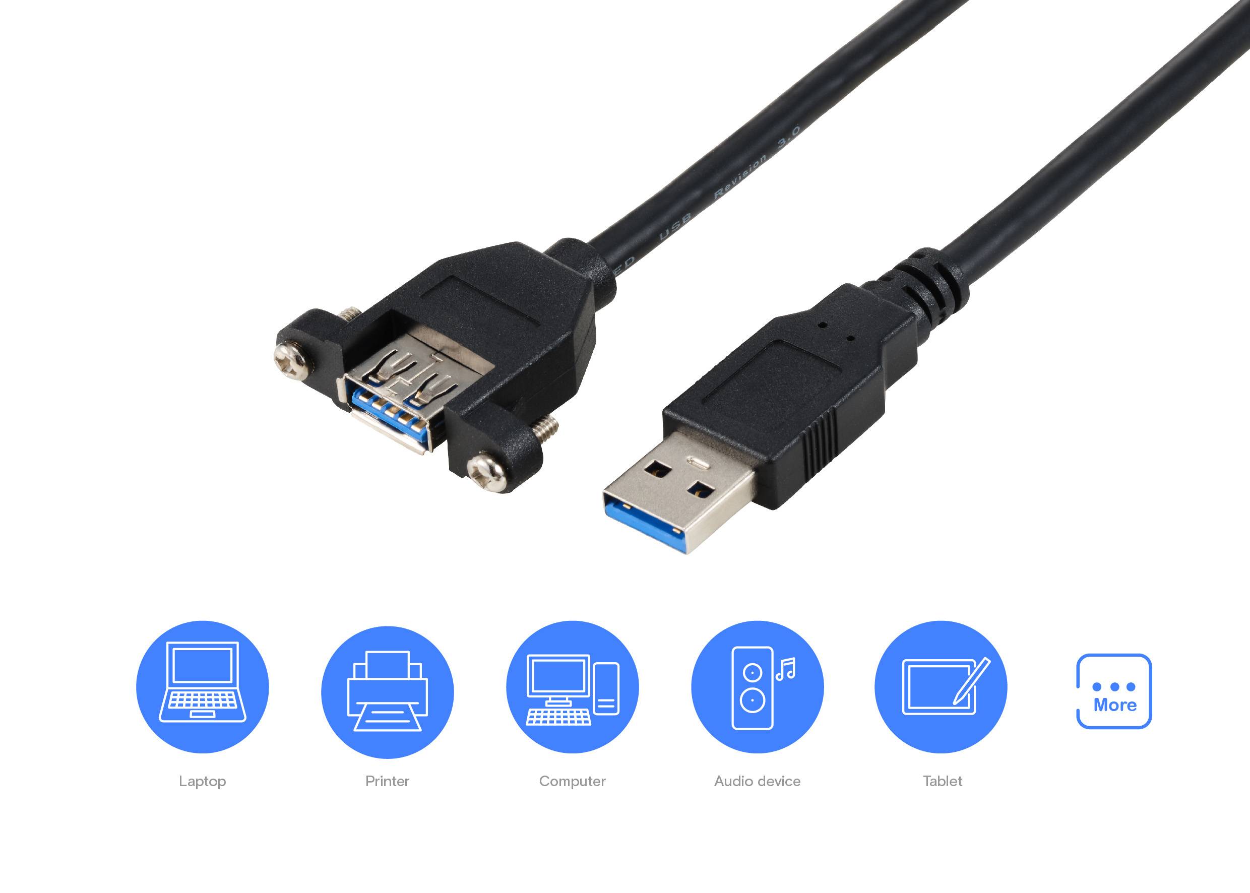 Renkforce USB-Kabel USB 3.0 USB-A Stecker, USB-A Buchse 1.00m Schwarz für Einbau, schraubbar RF-5720388