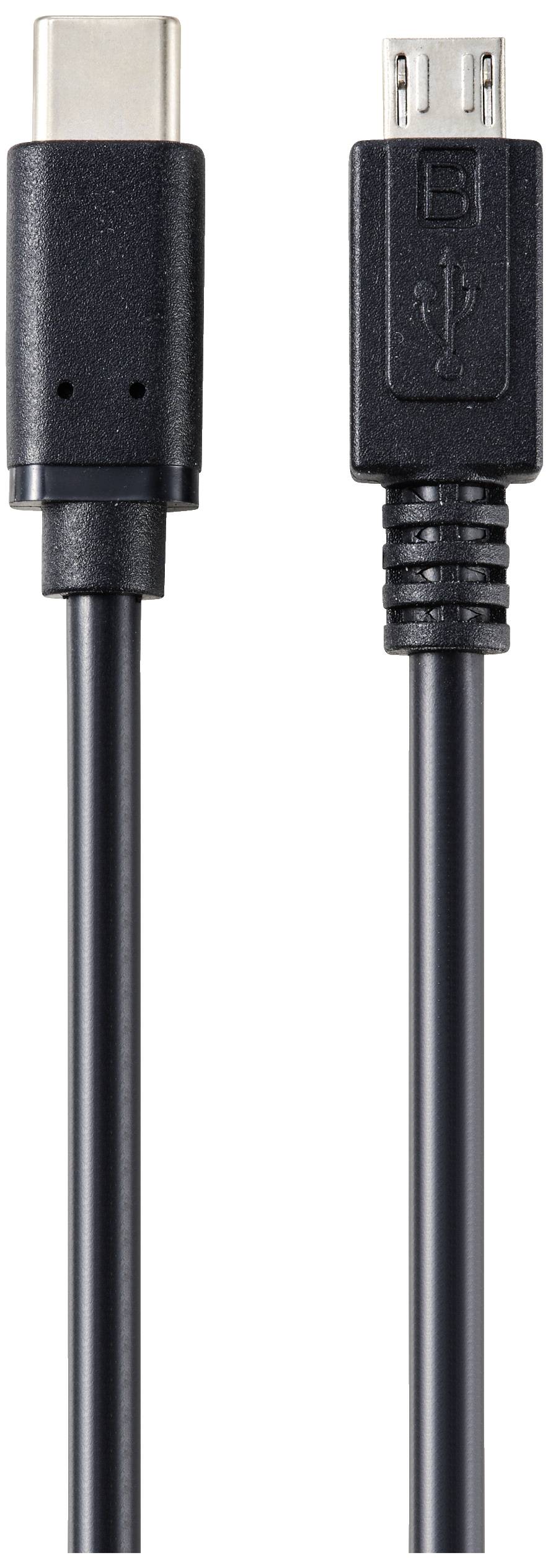 Zwei Kabel: links USB-C, rechts Micro-USB-Anschluss. Beide schwarz, nebeneinander dargestellt für Vergleich oder Konnektivität.
