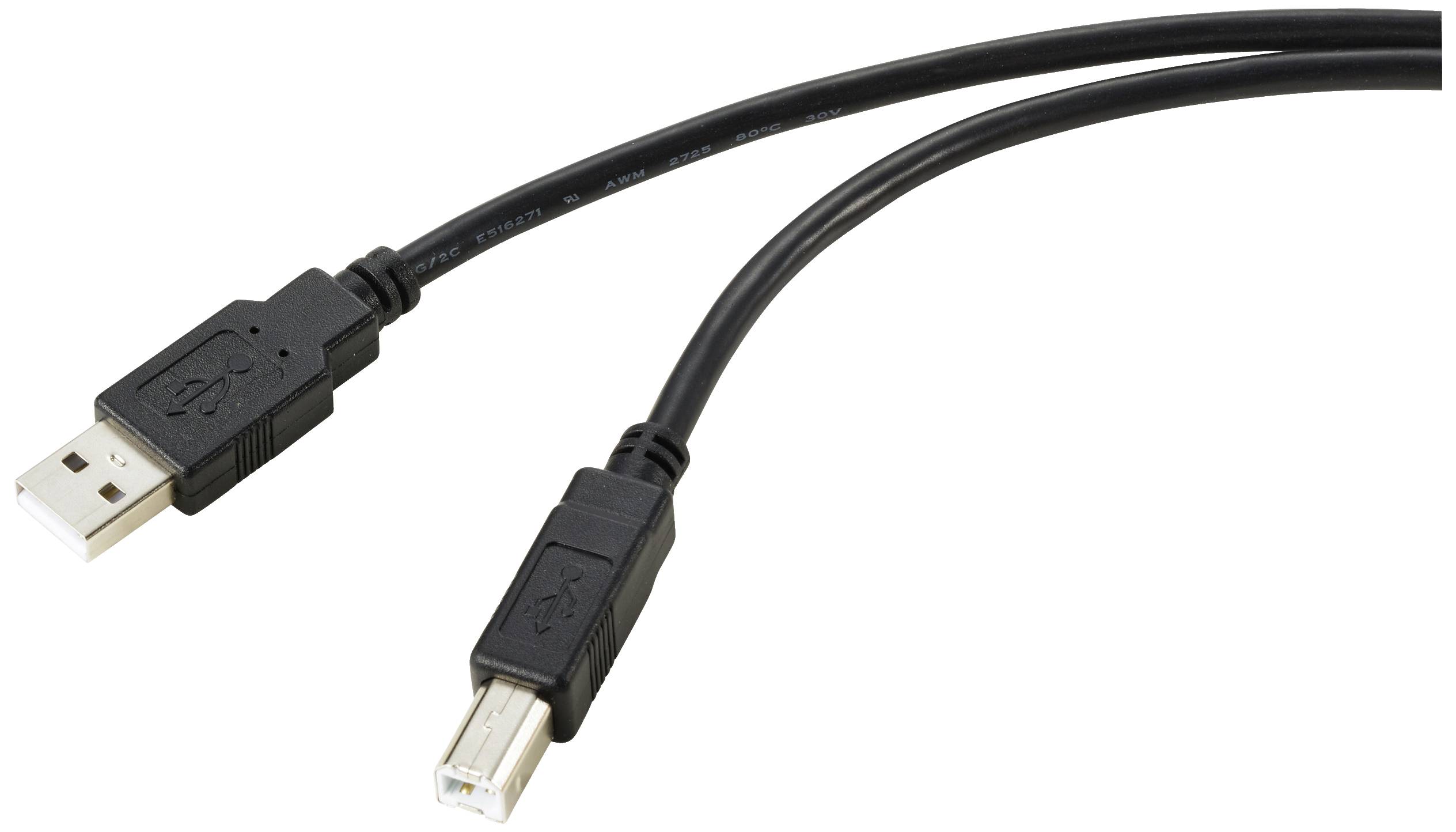 Ein USB-Kabel mit zwei Steckern: ein USB-A-Stecker auf der linken Seite und ein quadratischer USB-B-Stecker auf der rechten Seite.