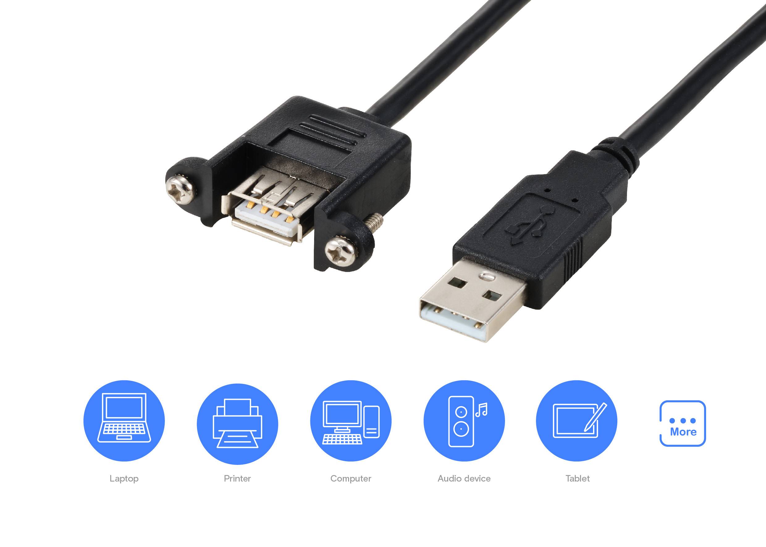USB-Verlängerungskabel mit einem männlichen und weiblichen Anschluss, dargestellt mit Symbolen für Laptop, Drucker, Computer, Audiogerät und Tablet.