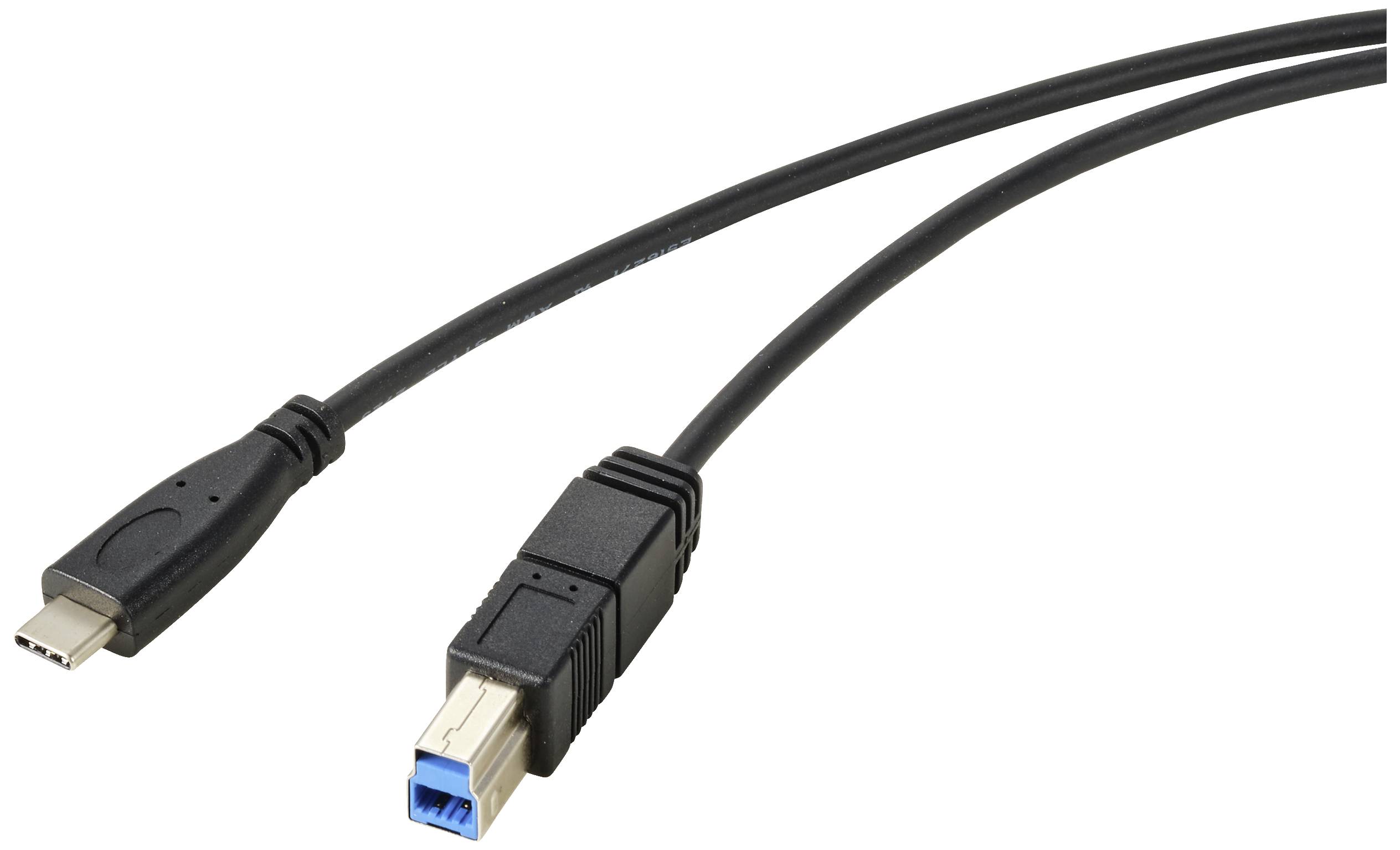 Ein USB-Kabel mit einem USB-C-Stecker und einem USB-B-Stecker, verwendet zum Verbinden von Geräten wie Druckern oder externen Festplatten.