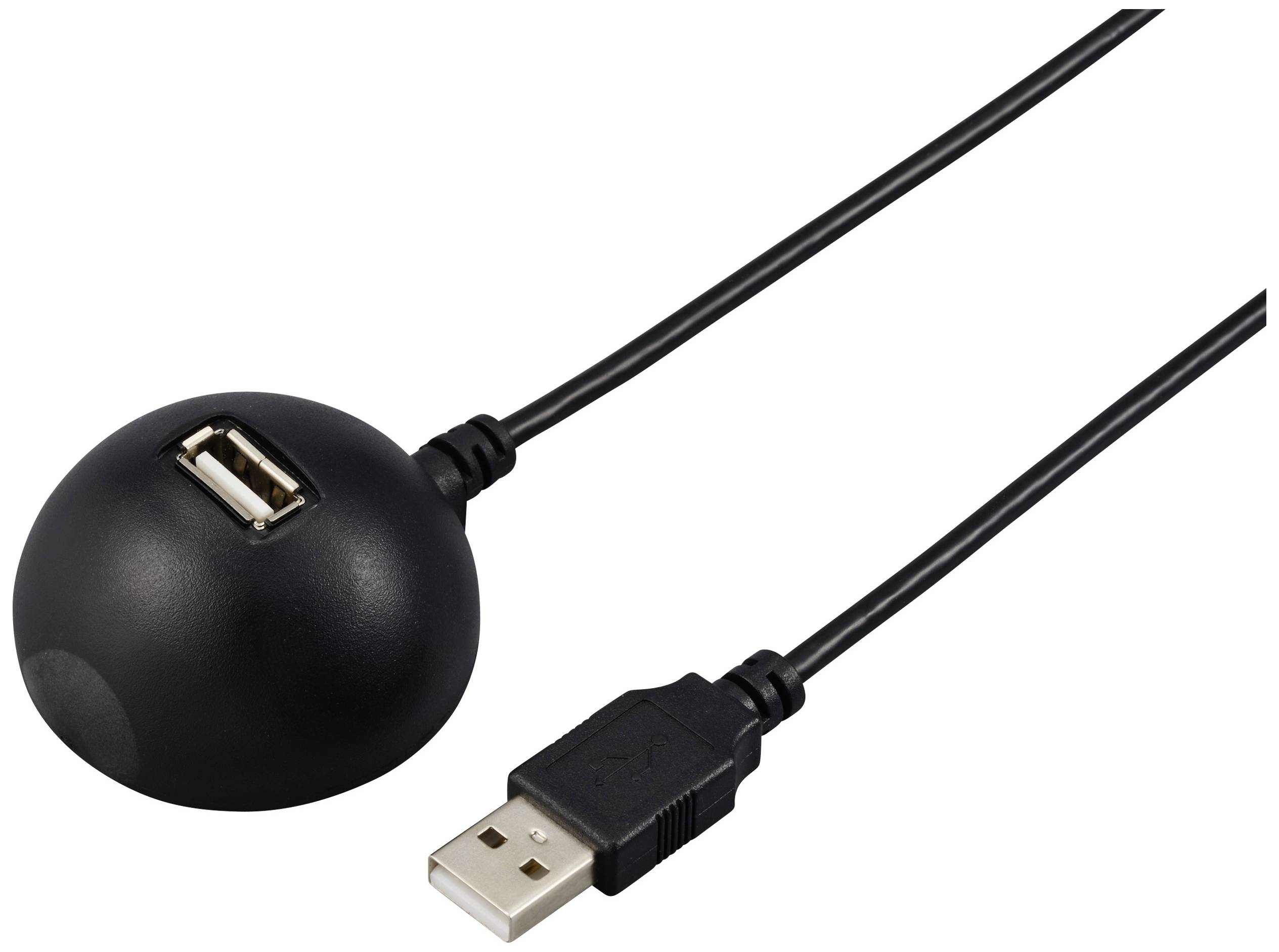 Ein schwarzer USB-Verlängerungskabel-Splitter mit rundem Basisfuß und einem USB-A-Stecker.