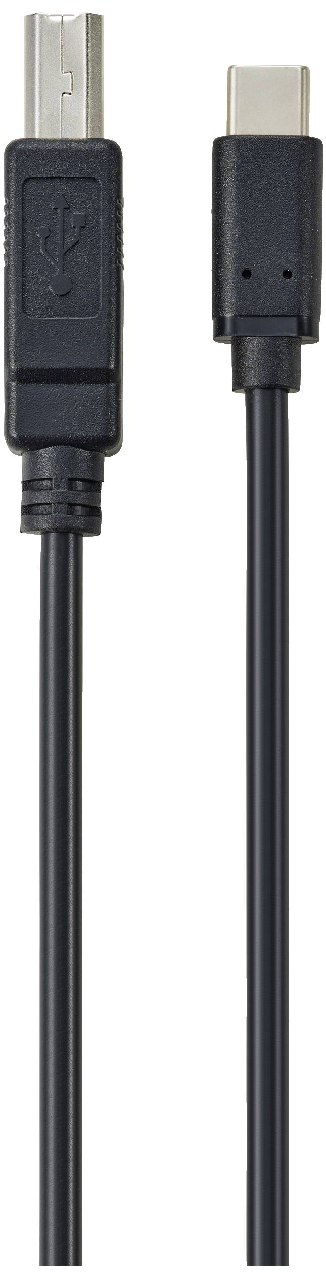 Ein schwarzes Kabel mit USB-A- und USB-C-Anschlüssen.