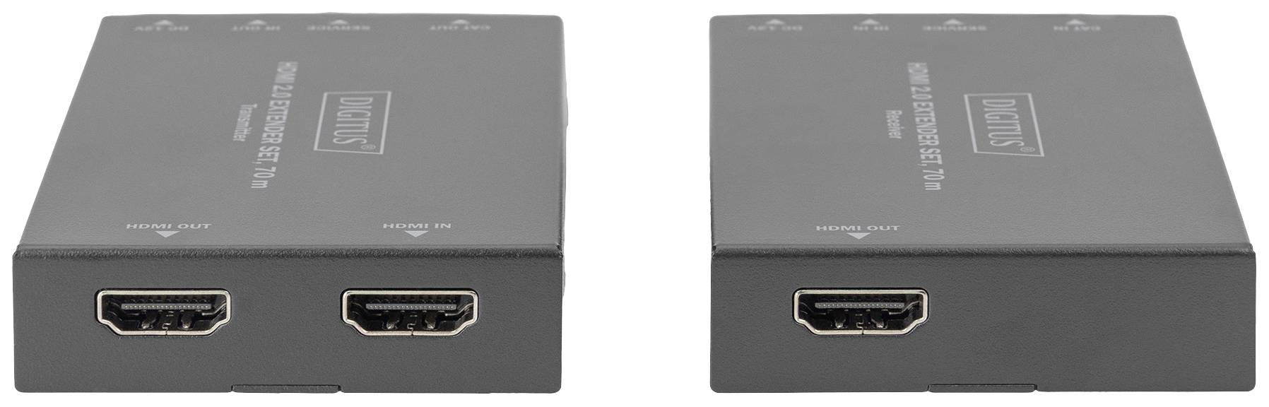 Zwei schwarze HDMI-Extender liegen nebeneinander. Jeder hat zwei HDMI-Anschlüsse. Sie sind für die Übertragung von Videosignalen.