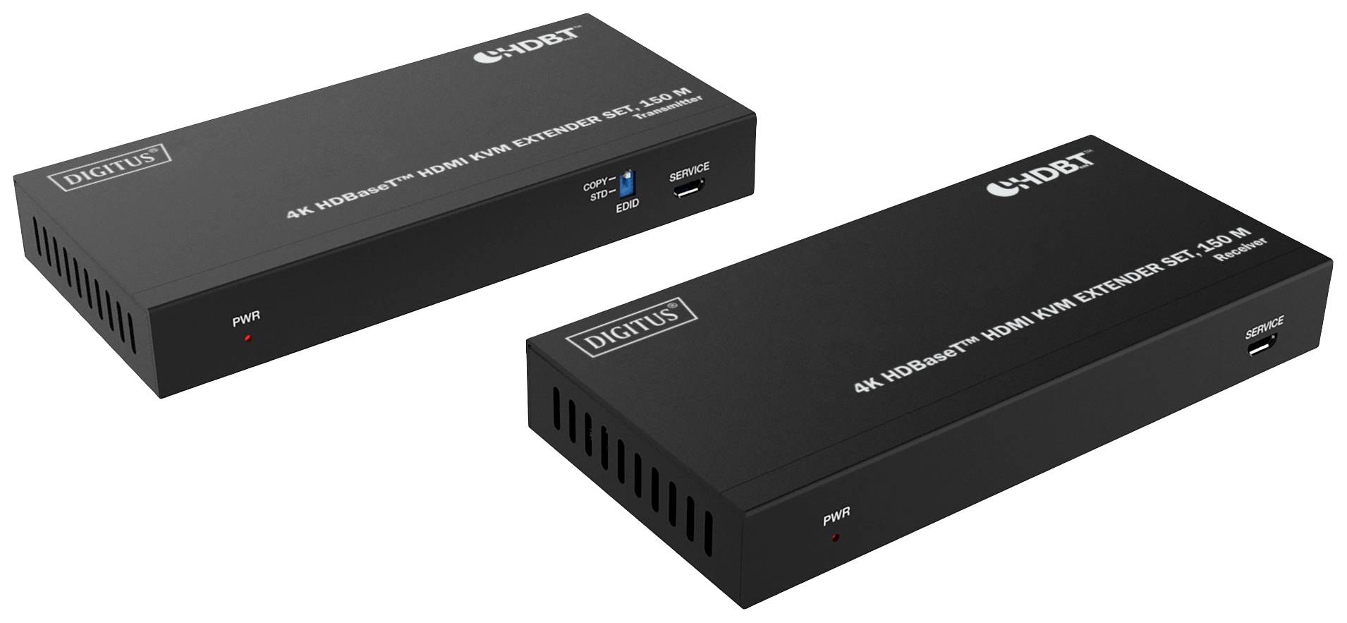 Zwei schwarze HDMI-Extender-Gehäuse mit dem Logo 'DIGITUS' und der Aufschrift '4K HDMI HDBaseT HDMI Extender Set, 120m'.
