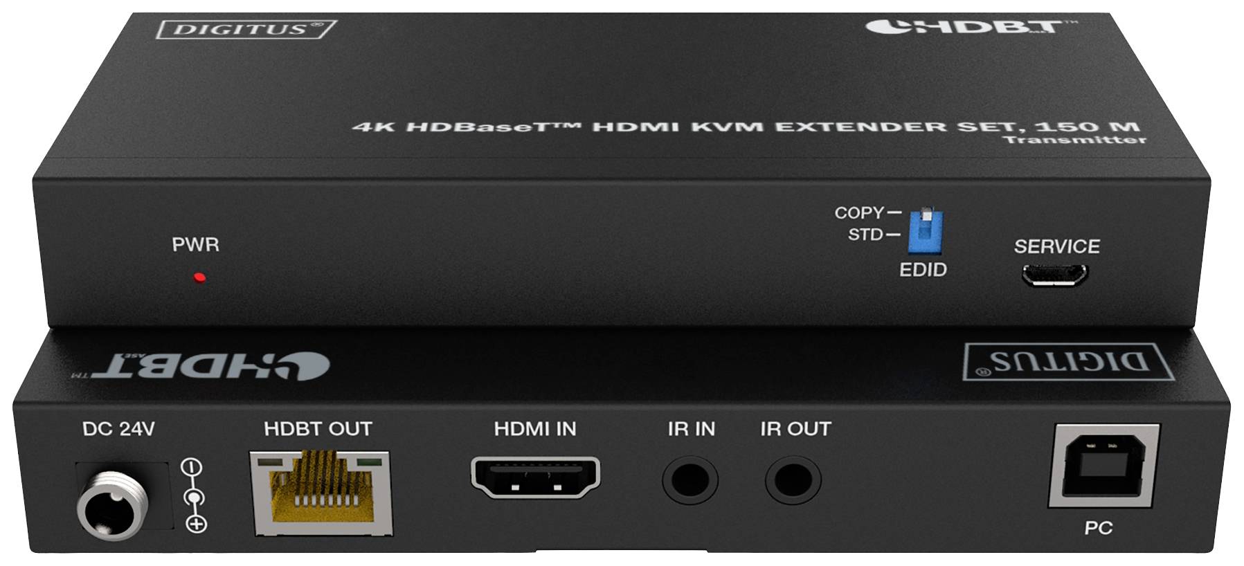 '4K HDBaseT' HDMI KVM Extender Set, 150 m. Zwei Geräte mit Anschlüssen für HDMI, IR, PC und Strom. Eines mit LED-Anzeige und Service-Schalter.