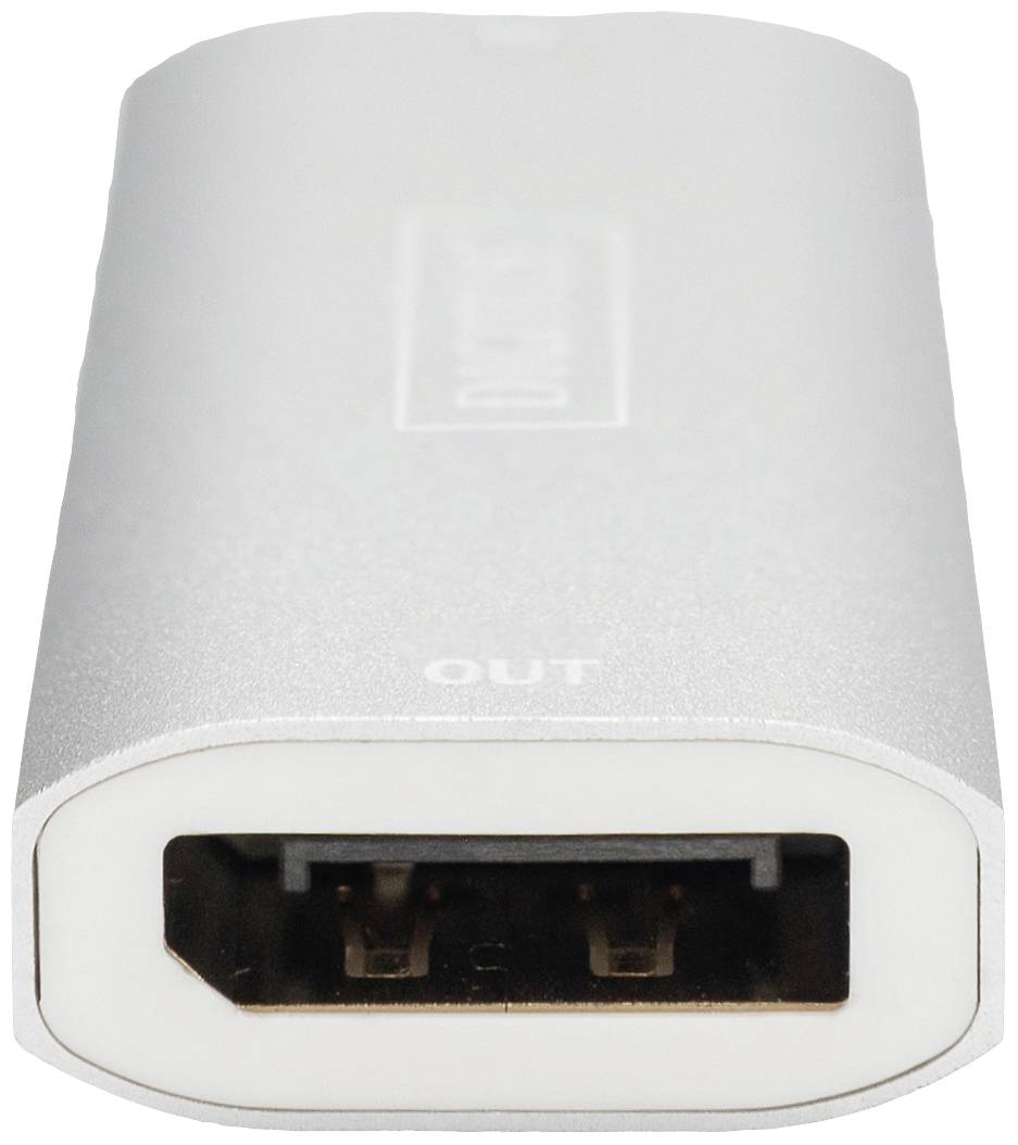 Silberner HDMI-Adapter mit einem HDMI-Port auf einer Seite und 'OUT'-Aufschrift.