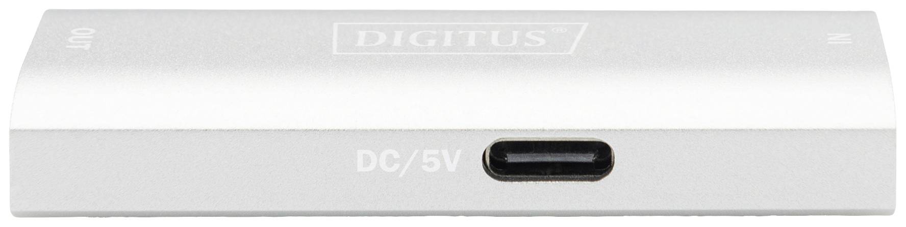Kleines, silbernes Gerät (Marke 'Digitus') mit USB-C-Eingang, beschriftet mit 'DC/5V'.