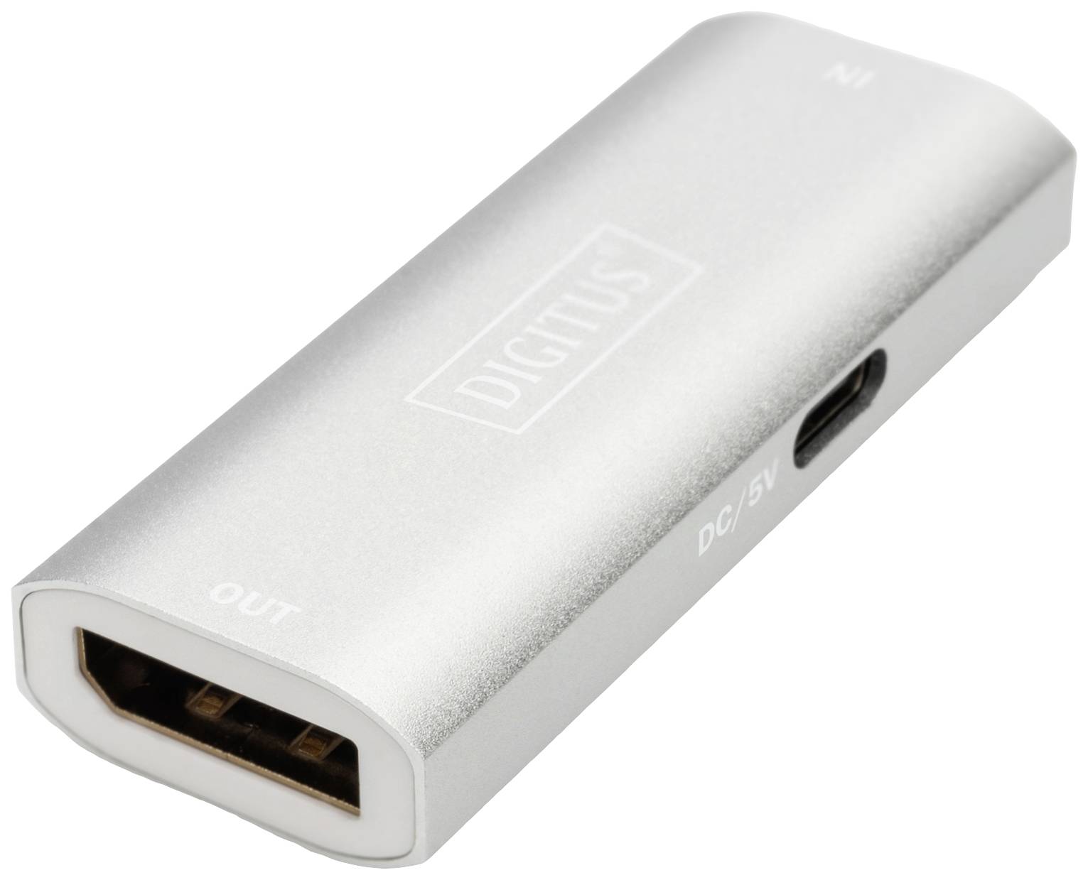 Silberner Digitus HDMI-Adapter mit Ein- und Ausgangsanschlüssen sowie DC/5V-Anschluss an der Seite.