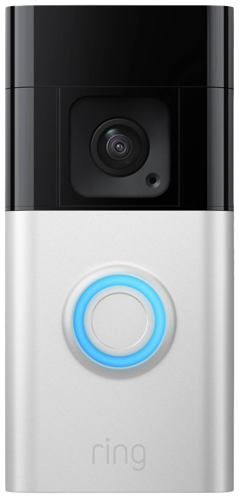 Silberne Videotürklingel mit Kamera und leuchtendem blauen Knopf in der Mitte.