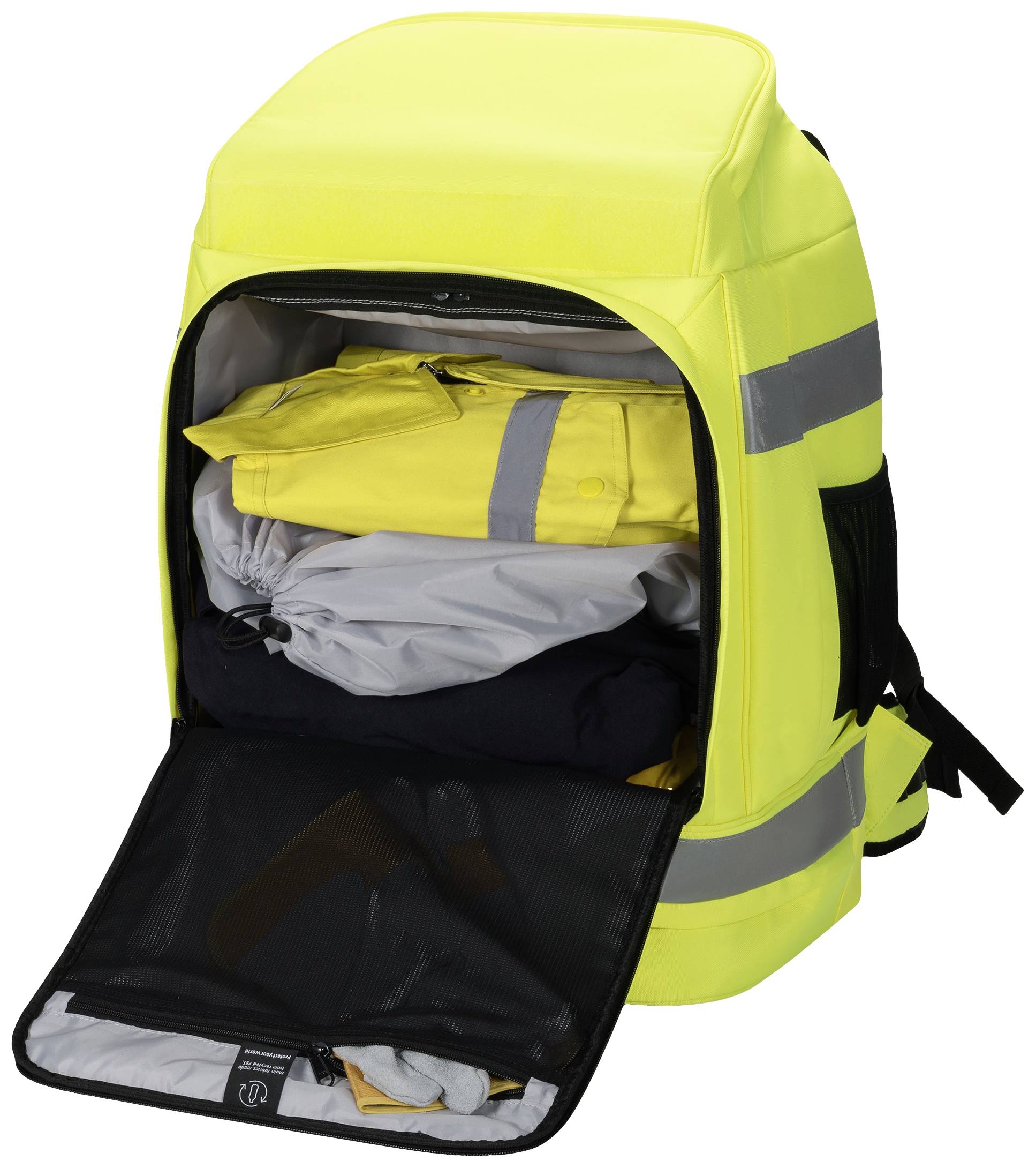 Ein gelber Rucksack mit reflektierenden Streifen. Der Rucksack ist geöffnet und enthält gefaltete Kleidung in Gelb und Schwarz.