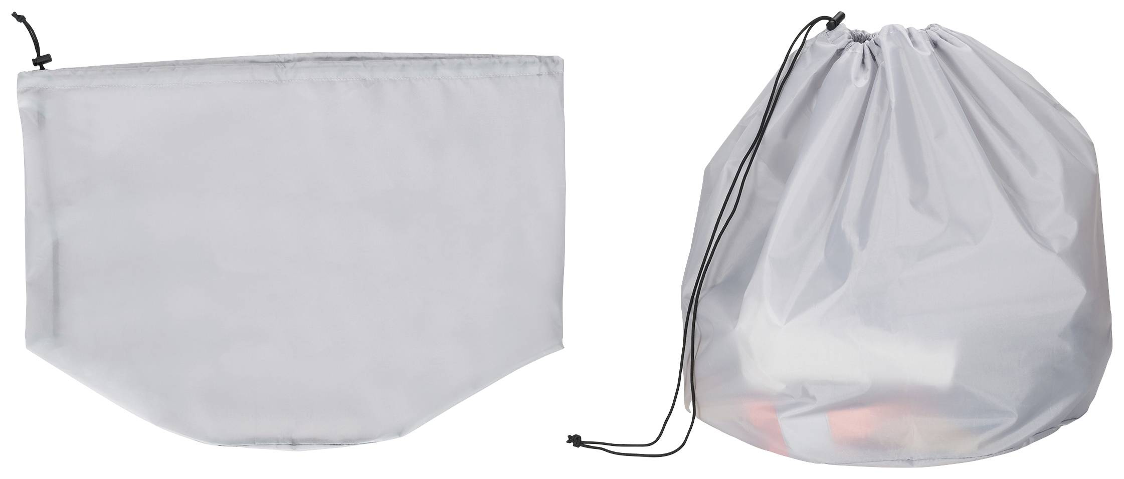 Links ist eine graue flache Tasche mit Kordelzug, rechts eine runde, gefüllte Tasche mit gleichem Material und Kordelzug.