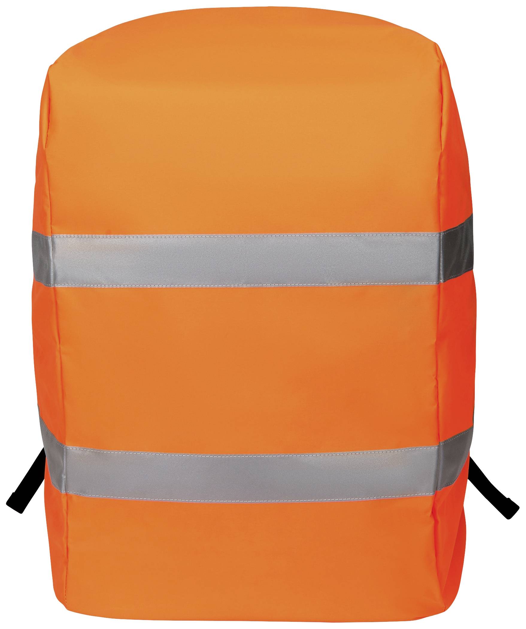 Ein orangefarbener Rucksack mit zwei reflektierenden Streifen.
