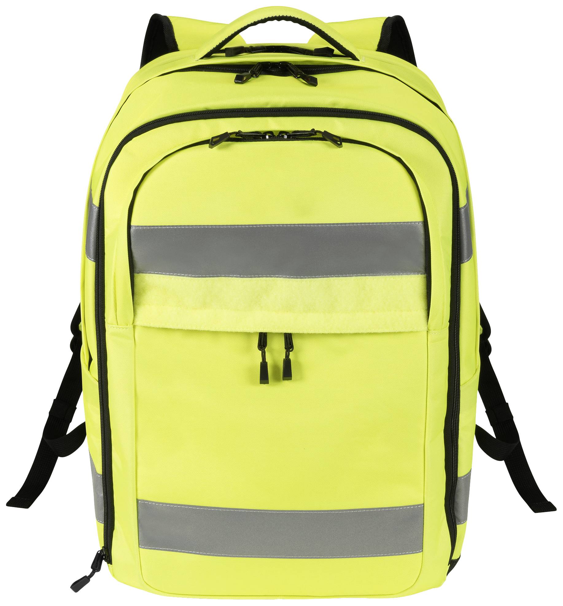 Gelber Rucksack mit zwei silbernen Reflektorstreifen, mehreren Reißverschlusstaschen und schwarzen Schultergurten.