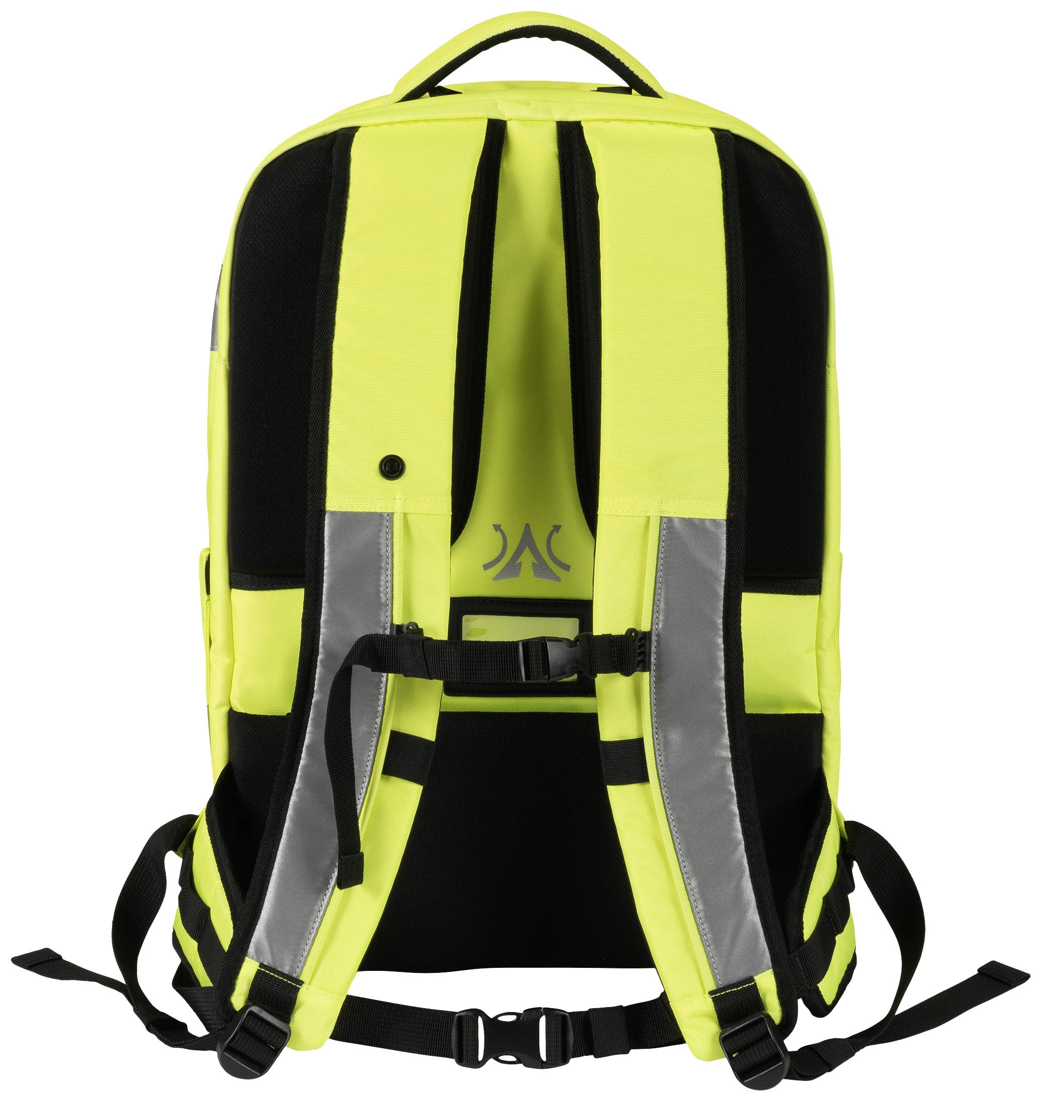 Neongelber Rucksack mit schwarzen und reflektierenden Streifen. Zwei breite Schultergurte und ein Griff oben.