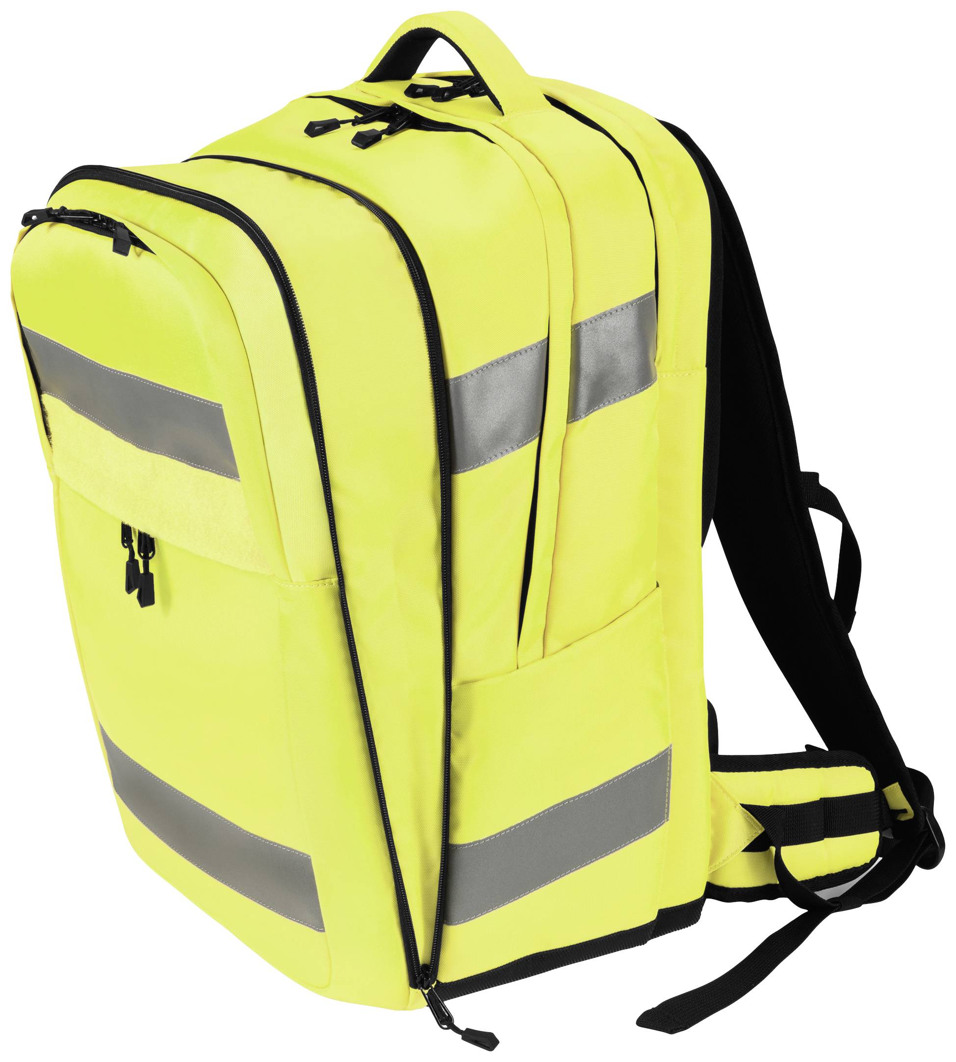 Ein leuchtend gelber Rucksack mit reflektierenden Streifen und schwarzen Reißverschlüssen, ideal für Sichtbarkeit und Sicherheit.