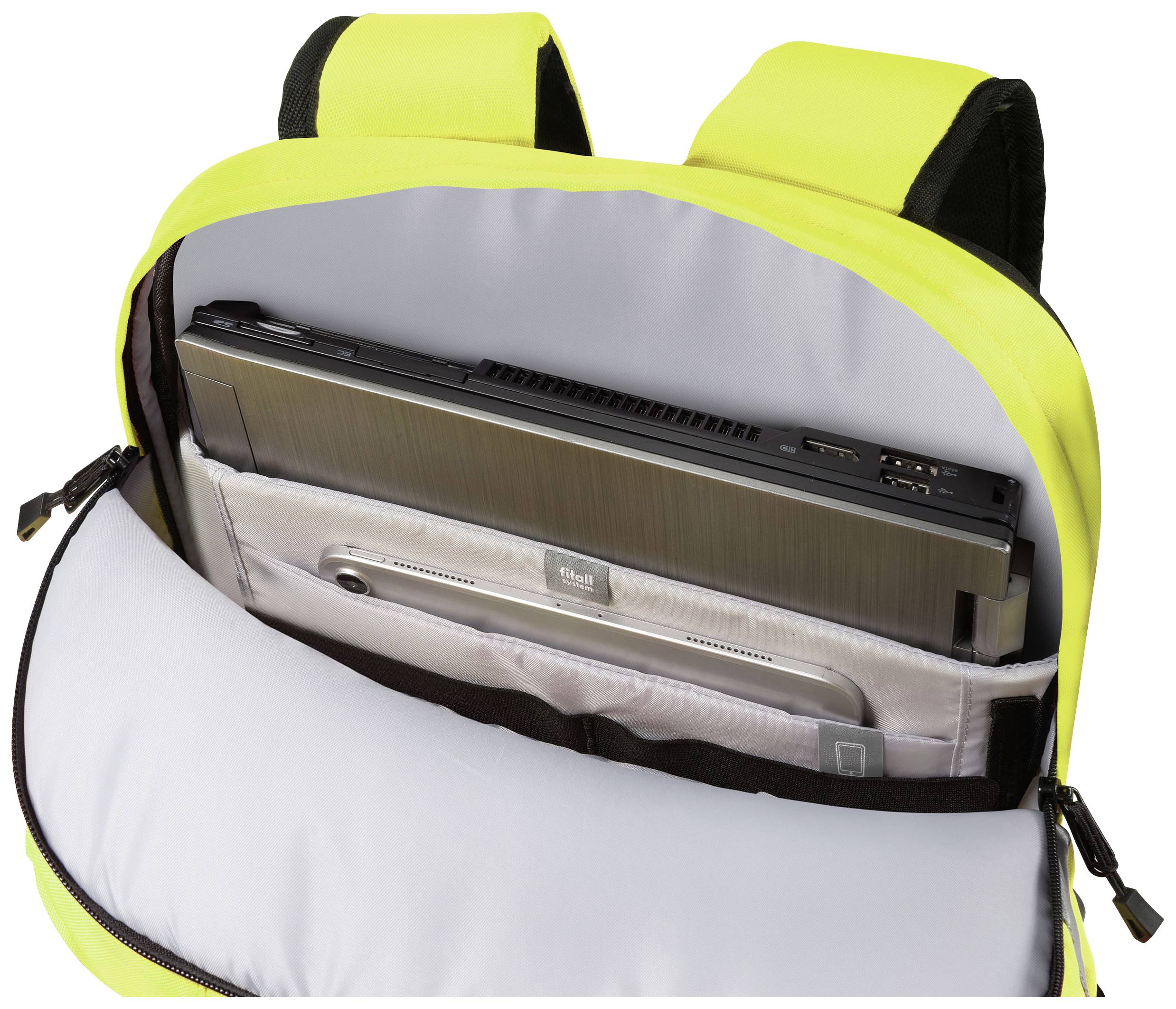 Ein leuchtend gelber Rucksack mit offenem Hauptfach, in dem ein Laptop und ein Tablet nebeneinander verstaut sind, ist zu sehen.