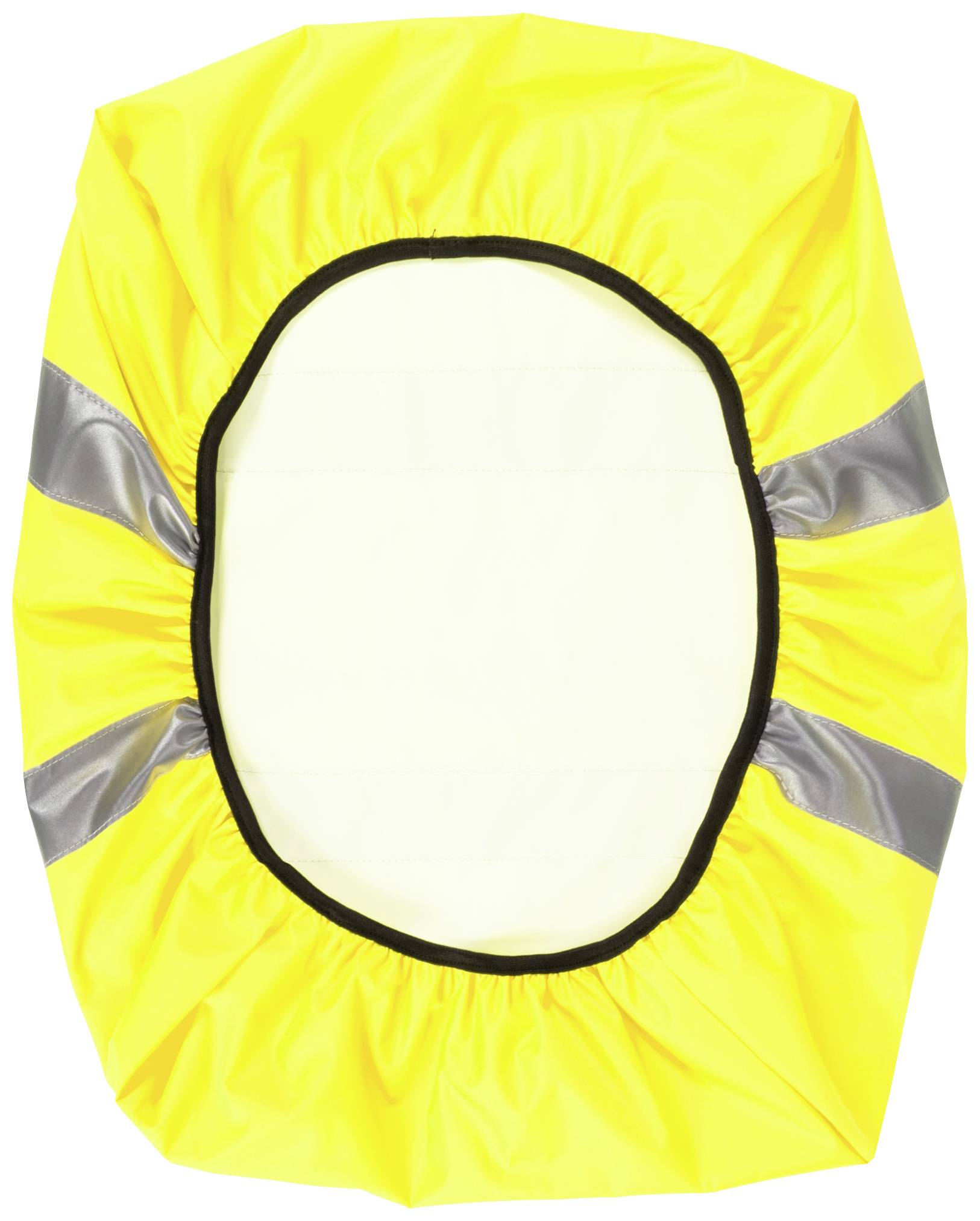 Gelbe, ovale Abdeckung mit elastischem Rand und reflektierenden, grauen Streifen. Verwendet für Schutz und Sichtbarkeit bei Regen.