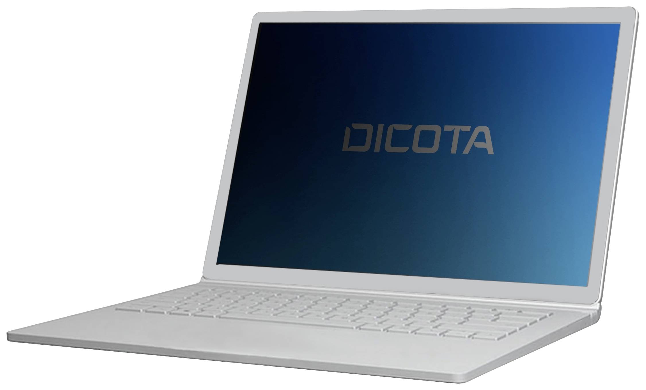 Ein silberner Laptop mit geöffnetem Display, auf dem der Schriftzug 'DICOTA' auf blauem Hintergrund zu sehen ist.
