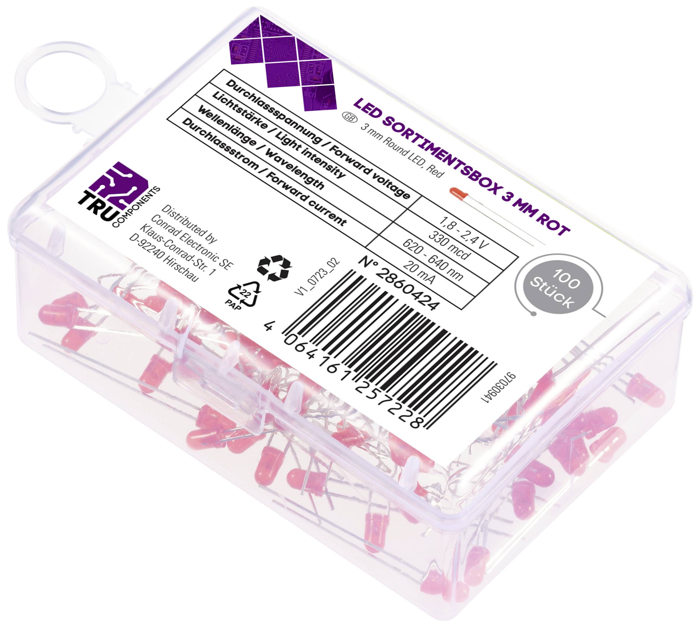 TRU COMPONENTS LED bedrahtet Rot Rund 3mm 330 mcd 30° 20mA 1.8 V, 2.4V