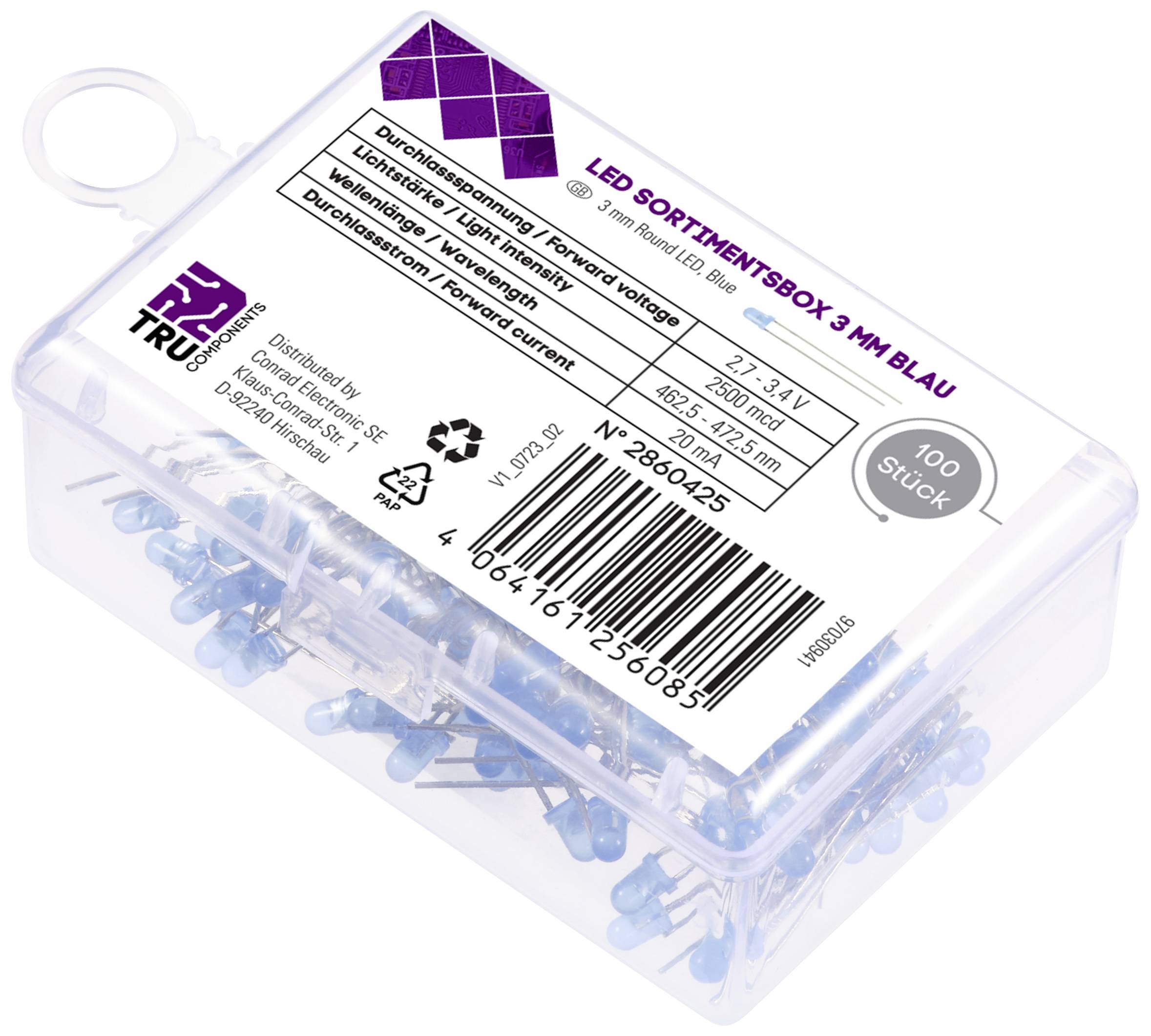 TRU COMPONENTS LED bedrahtet Blue Rund 3mm 2500 mcd 30° 20mA 2.7 V, 3.4V