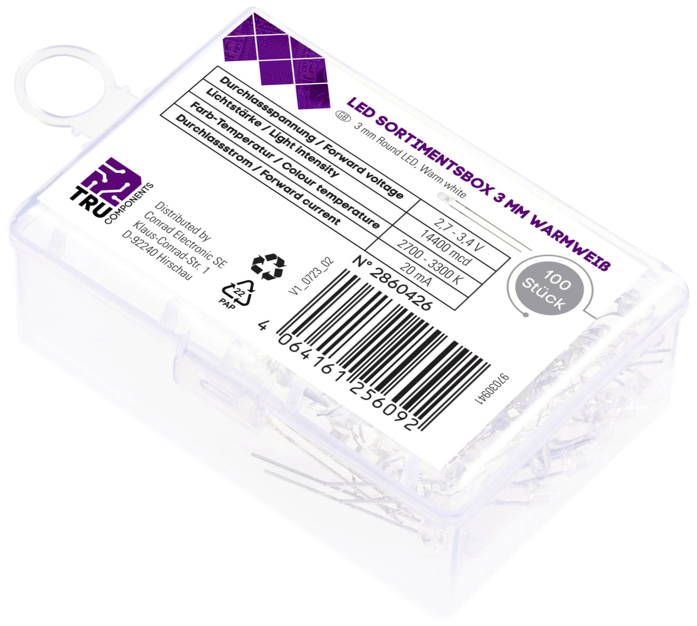 TRU COMPONENTS LED bedrahtet Warmweiß Rund 3mm 14400 mcd 30° 20mA 2.7 V, 3.4V