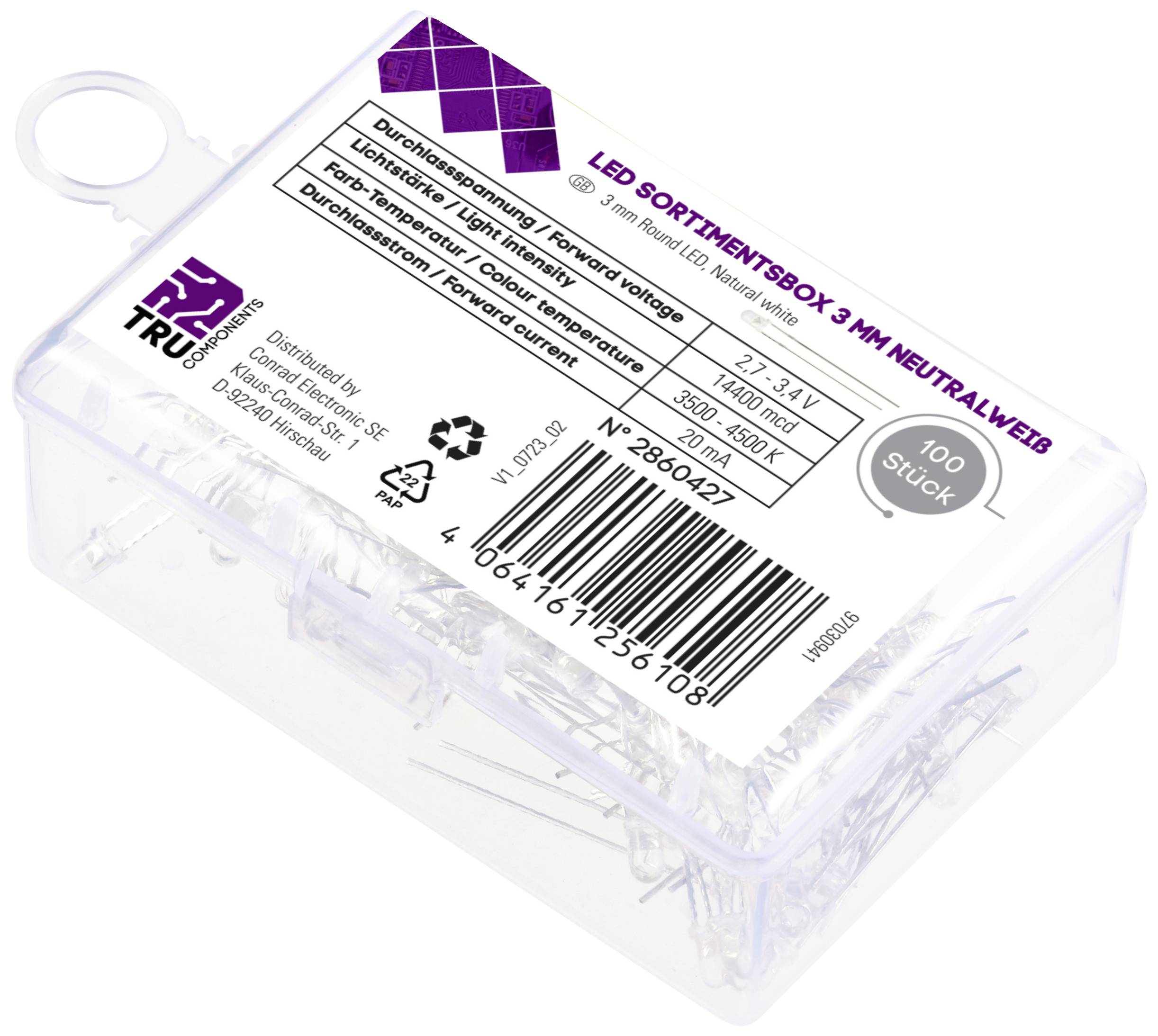 TRU COMPONENTS LED bedrahtet Neutralweiß Rund 3mm 14400 mcd 30° 20mA 2.7 V, 3.4V