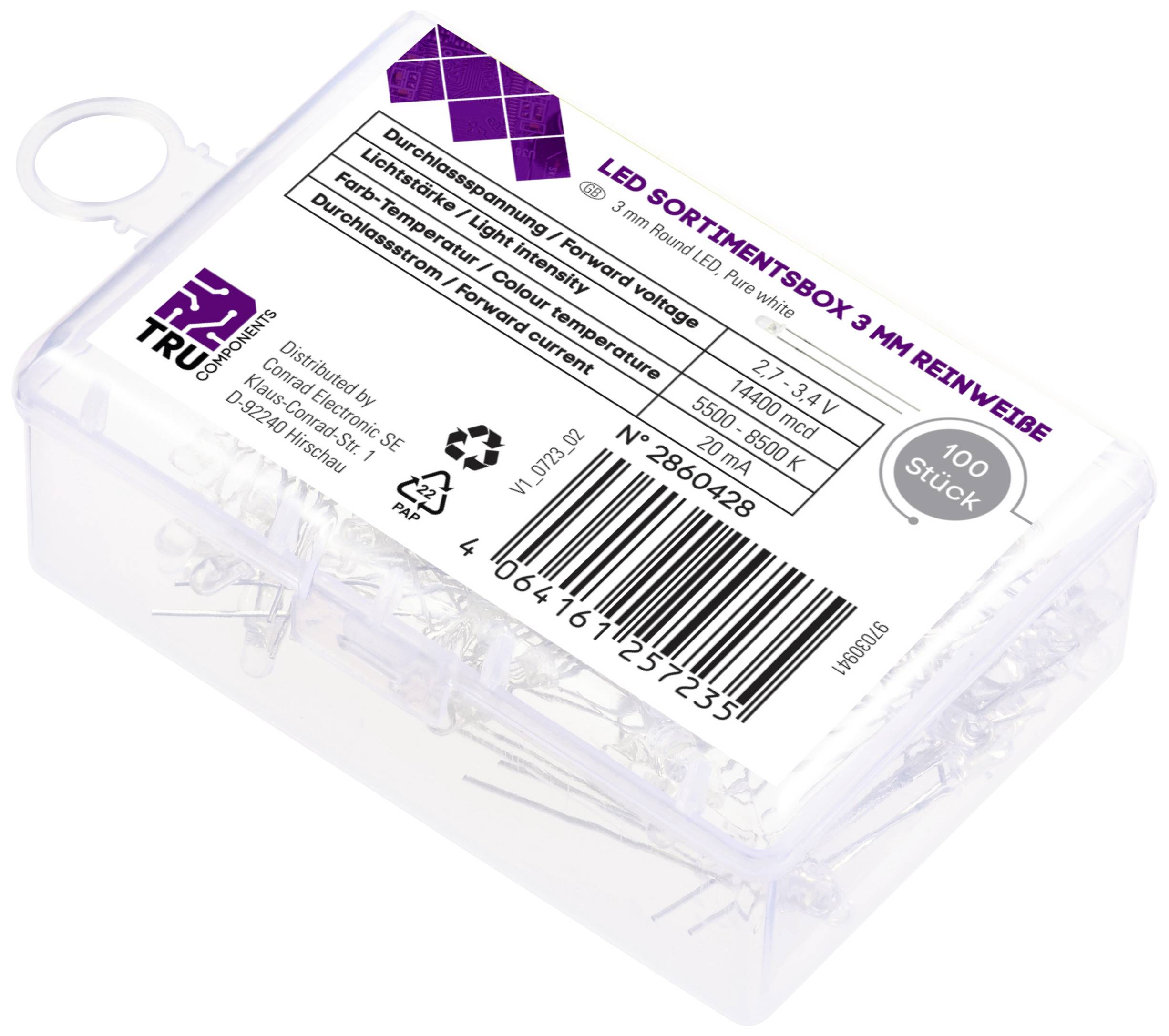 TRU COMPONENTS LED bedrahtet Reinweiß Rund 3mm 14400 mcd 30° 20mA 2.7 V, 3.4V