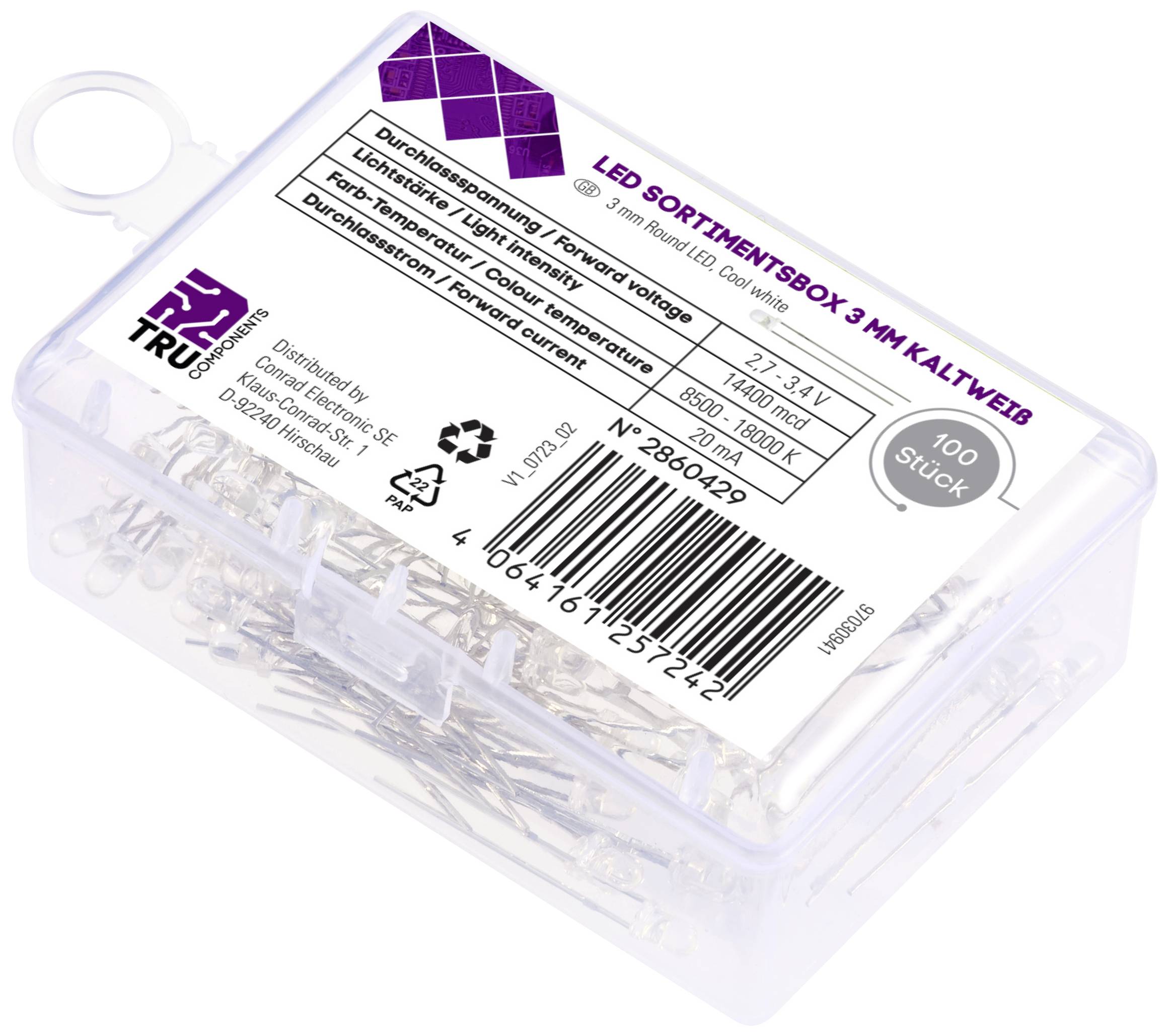 TRU COMPONENTS LED bedrahtet Kaltweiß Rund 3mm 14400 mcd 30° 20mA 2.7 V, 3.4V