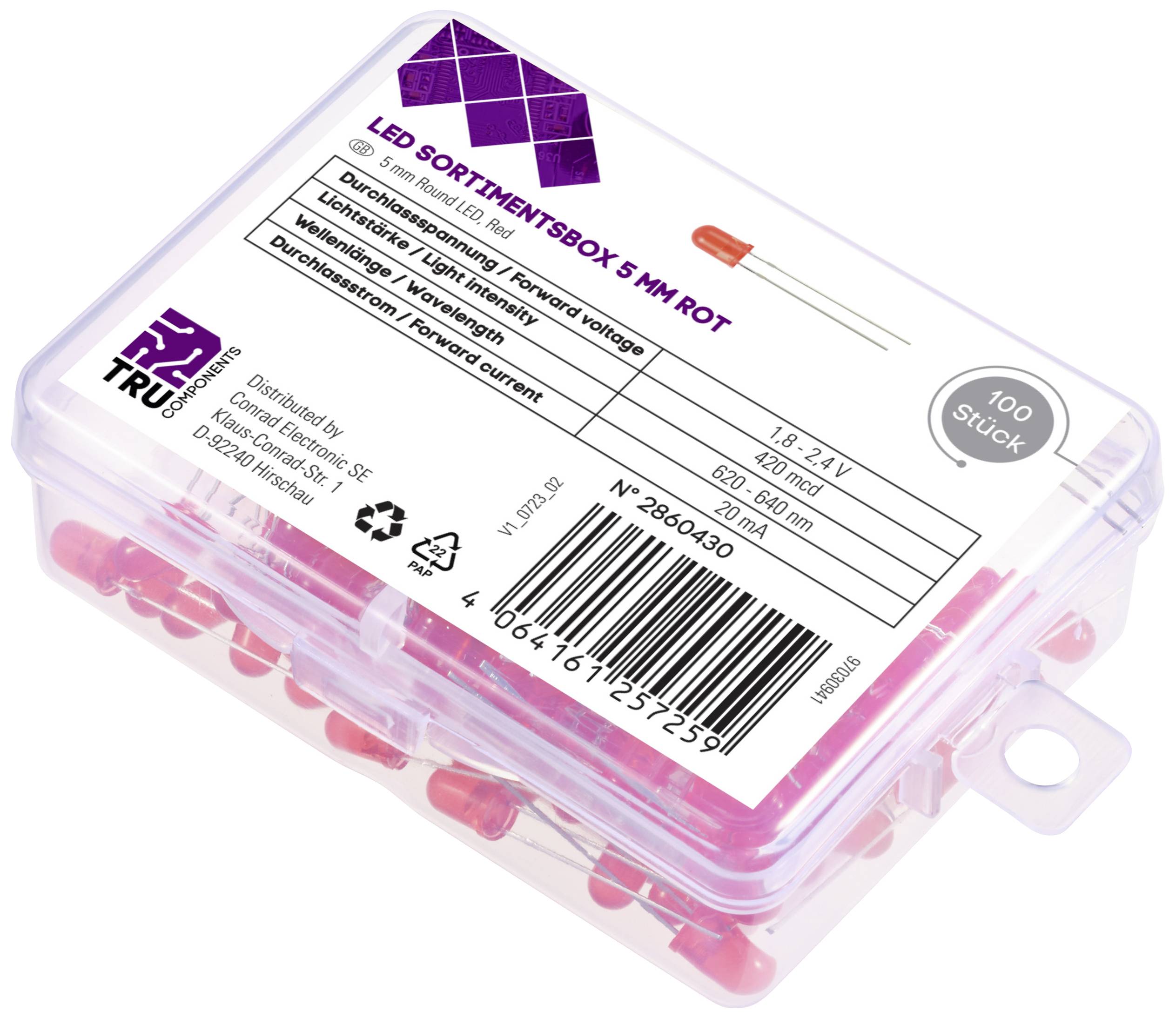 TRU COMPONENTS LED bedrahtet Rot Rund 5mm 420 mcd 30° 20mA 1.8 V, 2.4V