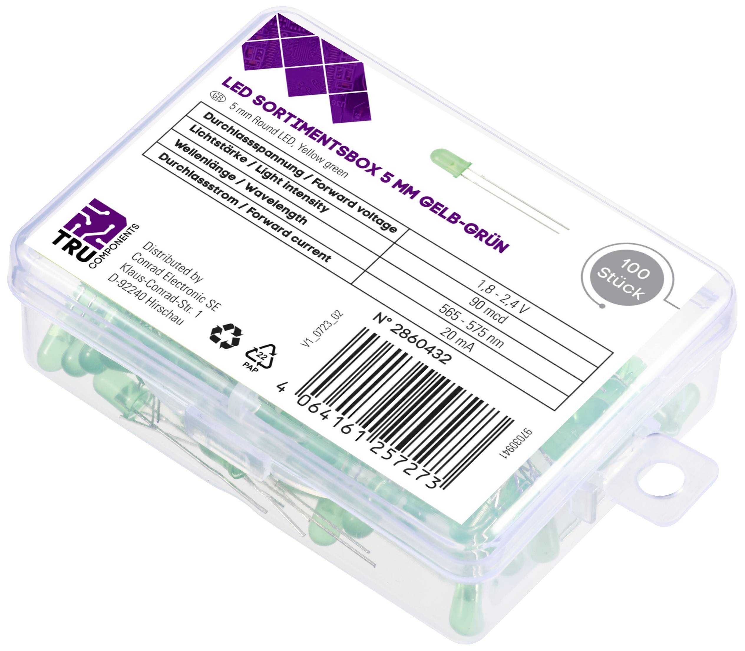 TRU COMPONENTS LED bedrahtet Gelb-Grün Rund 5mm 90 mcd 30° 20mA 1.8 V, 2.4V