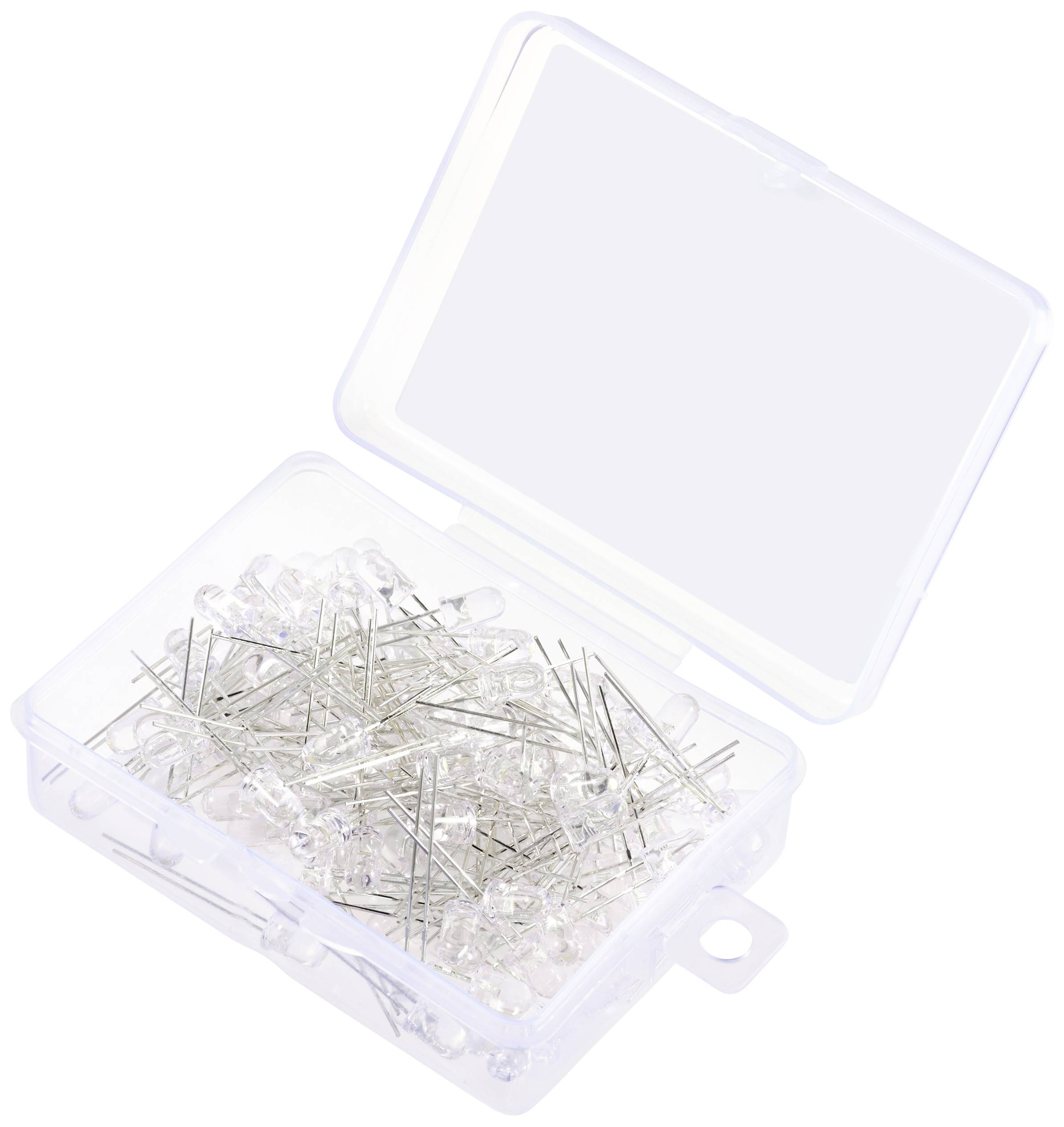 Eine durchsichtige Plastikdose gefüllt mit silbernen Stecknadeln.