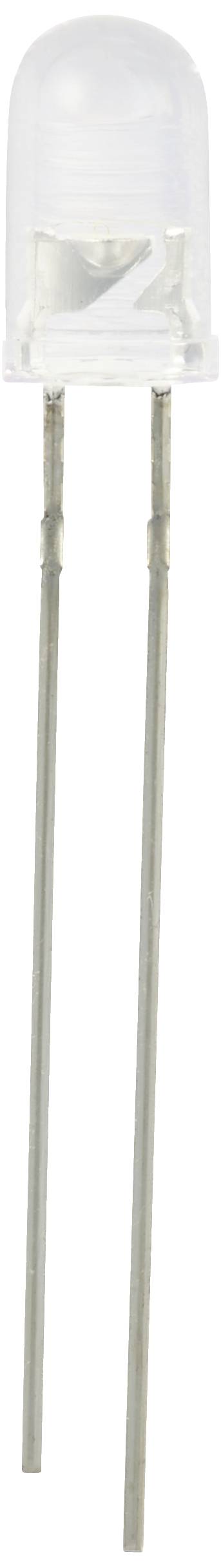 Eine weiße LED mit zwei langen Anschlussdrähten, gezeigt in Nahaufnahme.