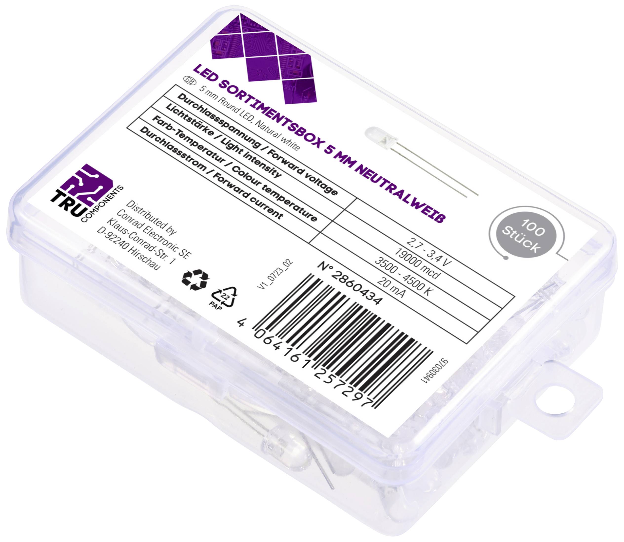 LED-Sortimentsbox, 5 mm Neutralweiß, enthält 100 Stück, geeignet für Elektrobastelprojekte, farbneutral und langlebig.