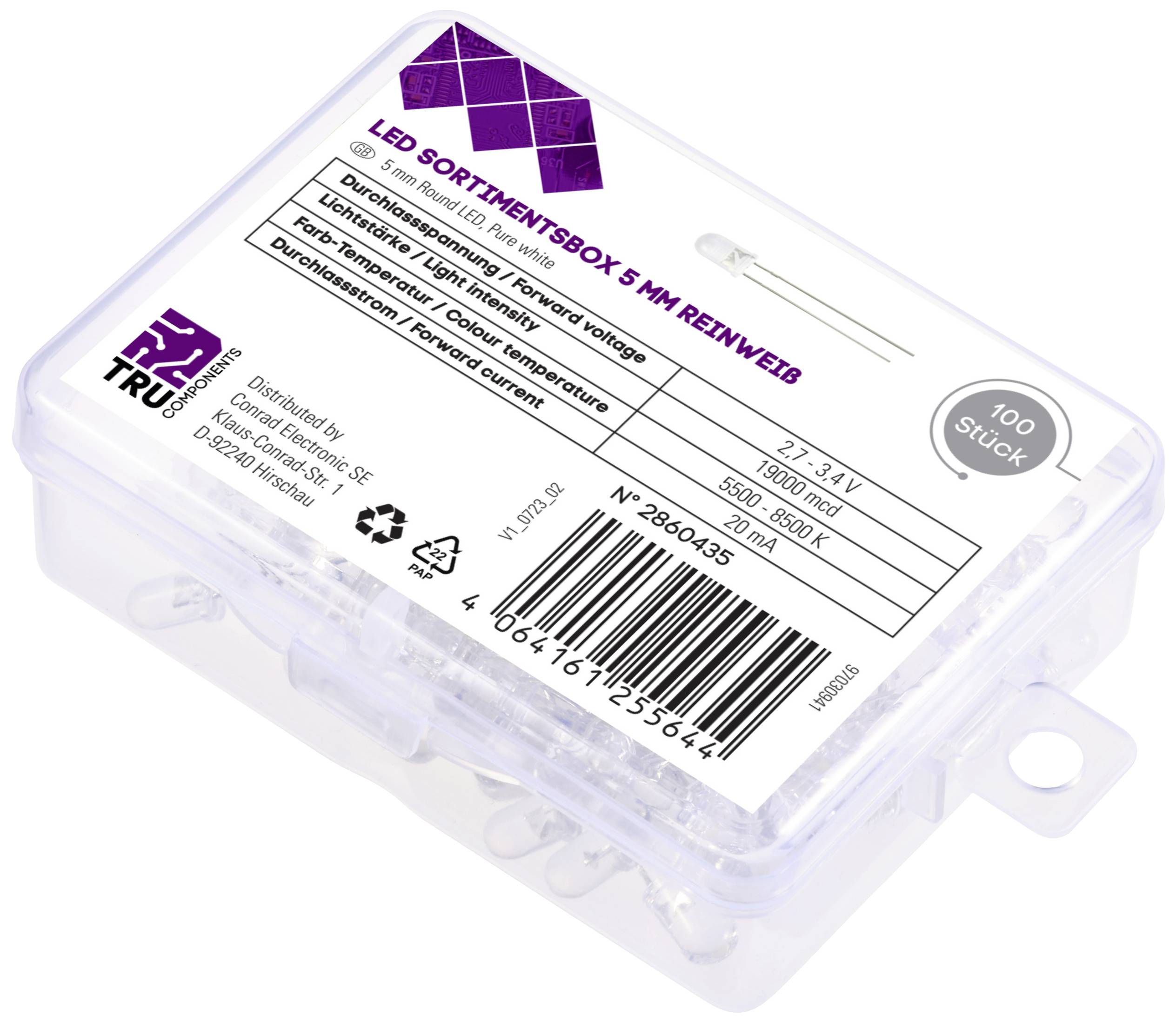 TRU COMPONENTS LED bedrahtet Reinweiß Rund 5mm 19000 mcd 30° 20mA 2.7 V, 3.4V