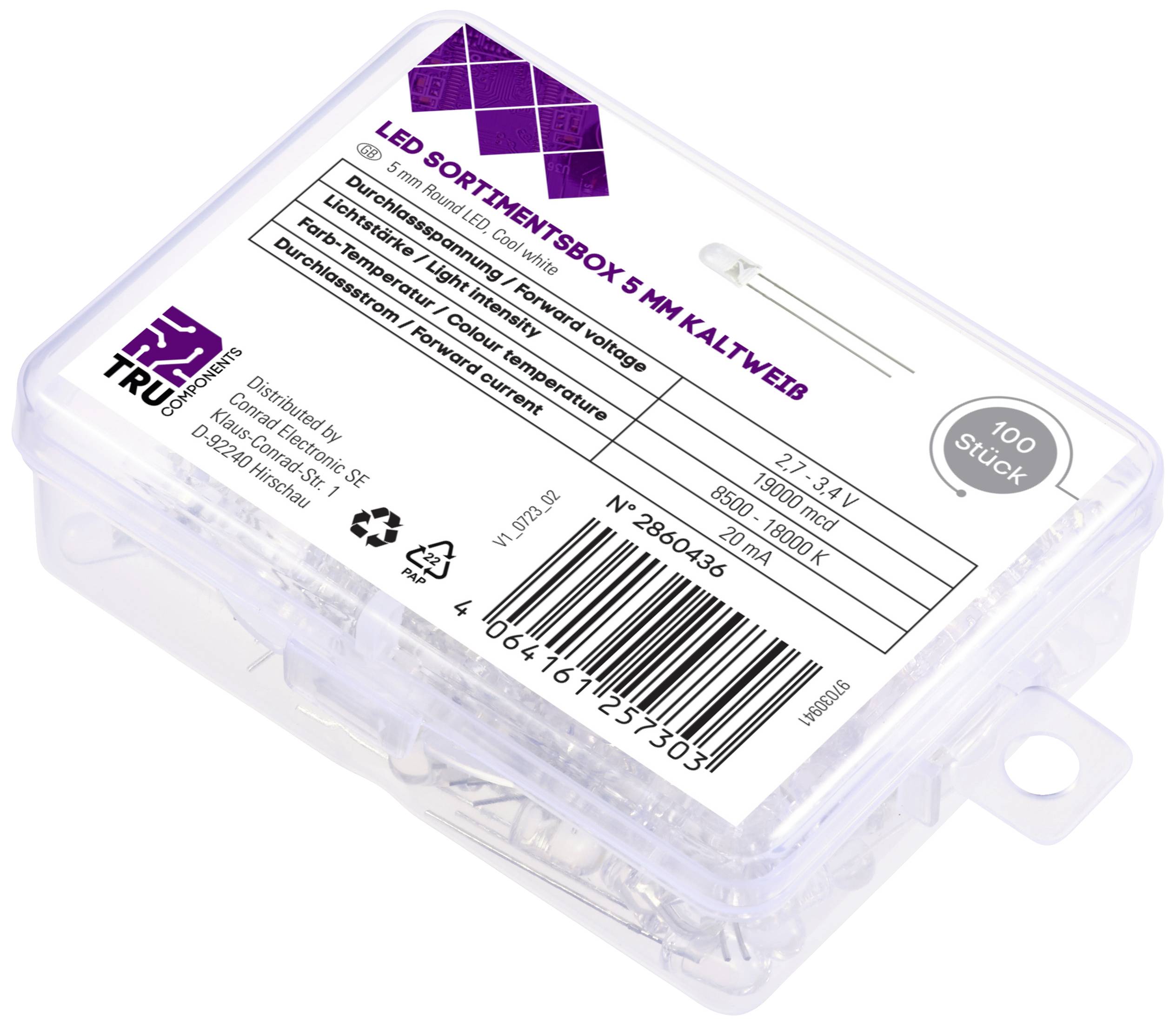 TRU COMPONENTS LED bedrahtet Kaltweiß Rund 5mm 19000 mcd 30° 20mA 2.7 V, 3.4V