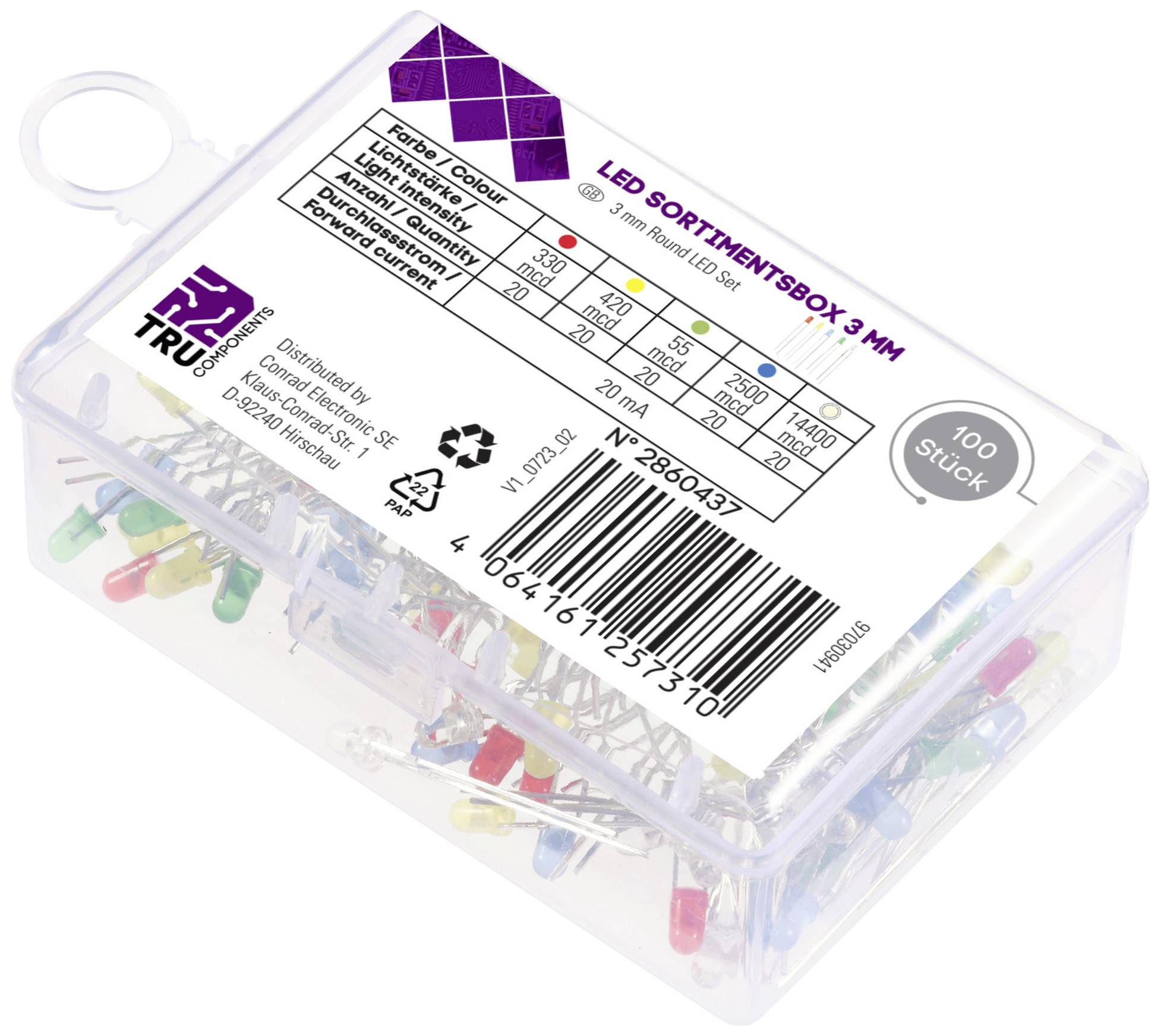 TRU COMPONENTS LED bedrahtet Rot, Gelb, Blau, Gelb-Grün, Warmweiß Rund 3mm 55 mcd, 330 mcd, 420 mcd, 2500 mcd, 14400 mcd 30° 20mA