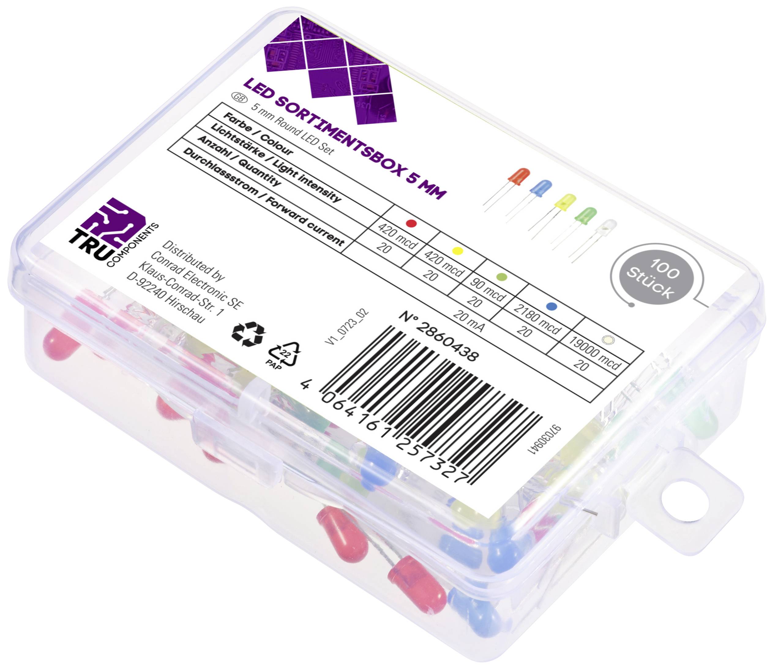 TRU COMPONENTS LED bedrahtet Rot, Gelb, Blau, Gelb-Grün, Warmweiß Rund 5mm 90 mcd, 420 mcd, 2180 mcd, 19000 mcd 30° 20mA 1.8 V