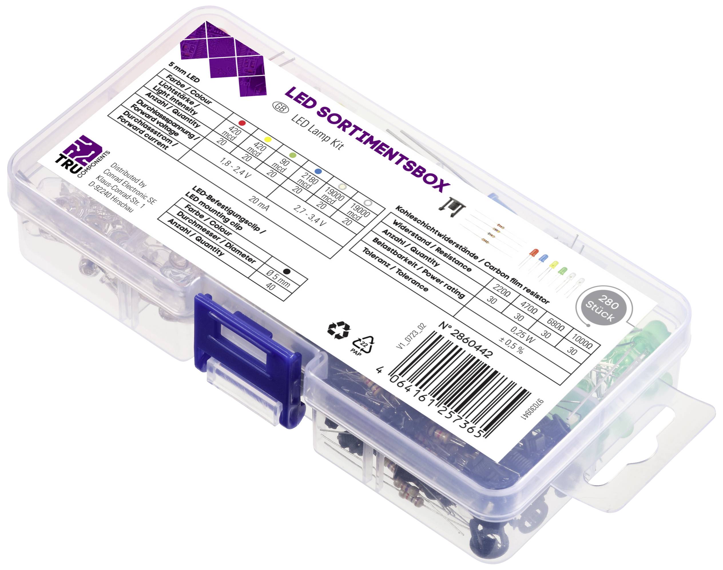 TRU COMPONENTS LED bedrahtet Rot, Gelb, Blau, Gelb-Grün, Warmweiß, Kaltweiß Rund 5mm 90 mcd, 420 mcd, 2180 mcd, 19000 mcd 30°