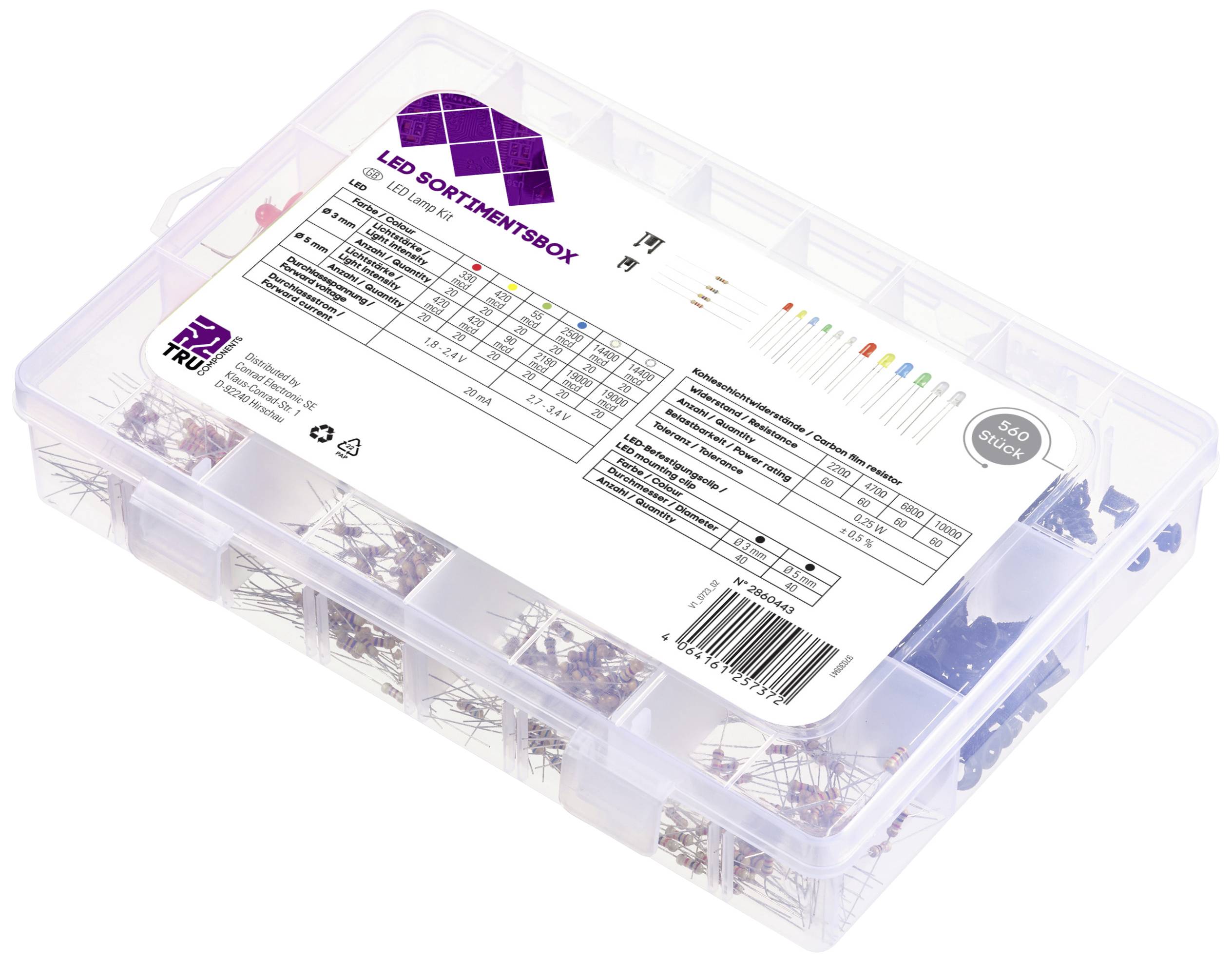 Transparente Box mit verschiedenfarbigen LED-Leuchten, sortiert in Fächern. Label beschreibt Produkteigenschaften und technische Daten.