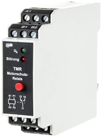 Ein elektronisches Motorschutzrelais mit mehreren Anschlussklemmen und LEDs für Störung und Betrieb.