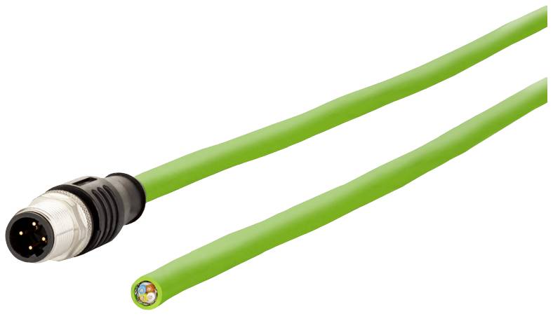 Grünes Kabel mit M12-Stecker, passend für industrielle Anwendungen. Zeigt einen abgeschirmten Anschluss und ein glattes Kabeldesign.