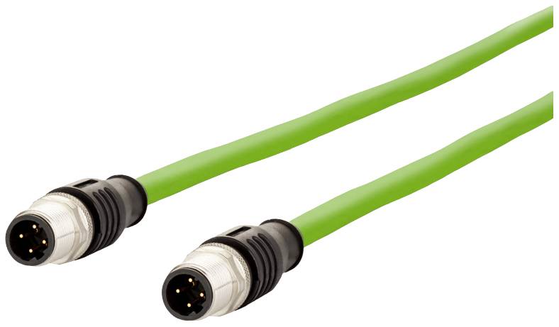 Grünes Kabel mit zwei 4-poligen Steckern, geeignet für industrielle Anwendungen und Datenübertragung.