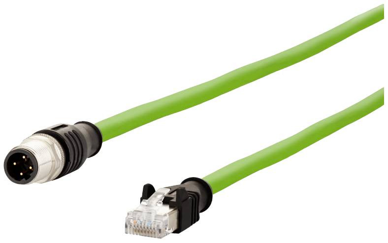 Grünes Netzwerkkabel mit einem M12-Stecker auf der einen Seite und einem RJ45-Stecker auf der anderen.